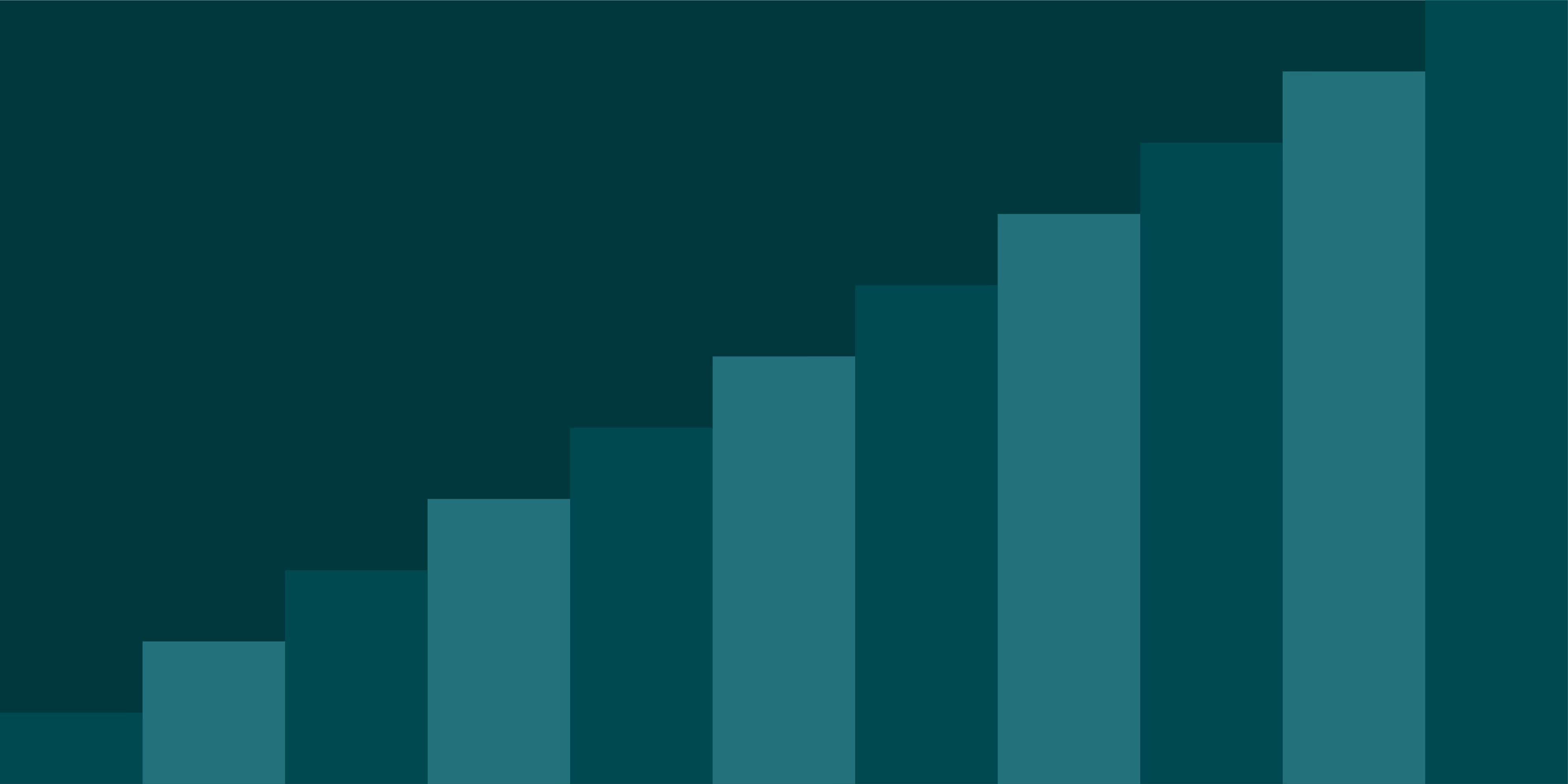 Abstract ascending bar chart with alternating dark teal and teal bars on a dark teal background.