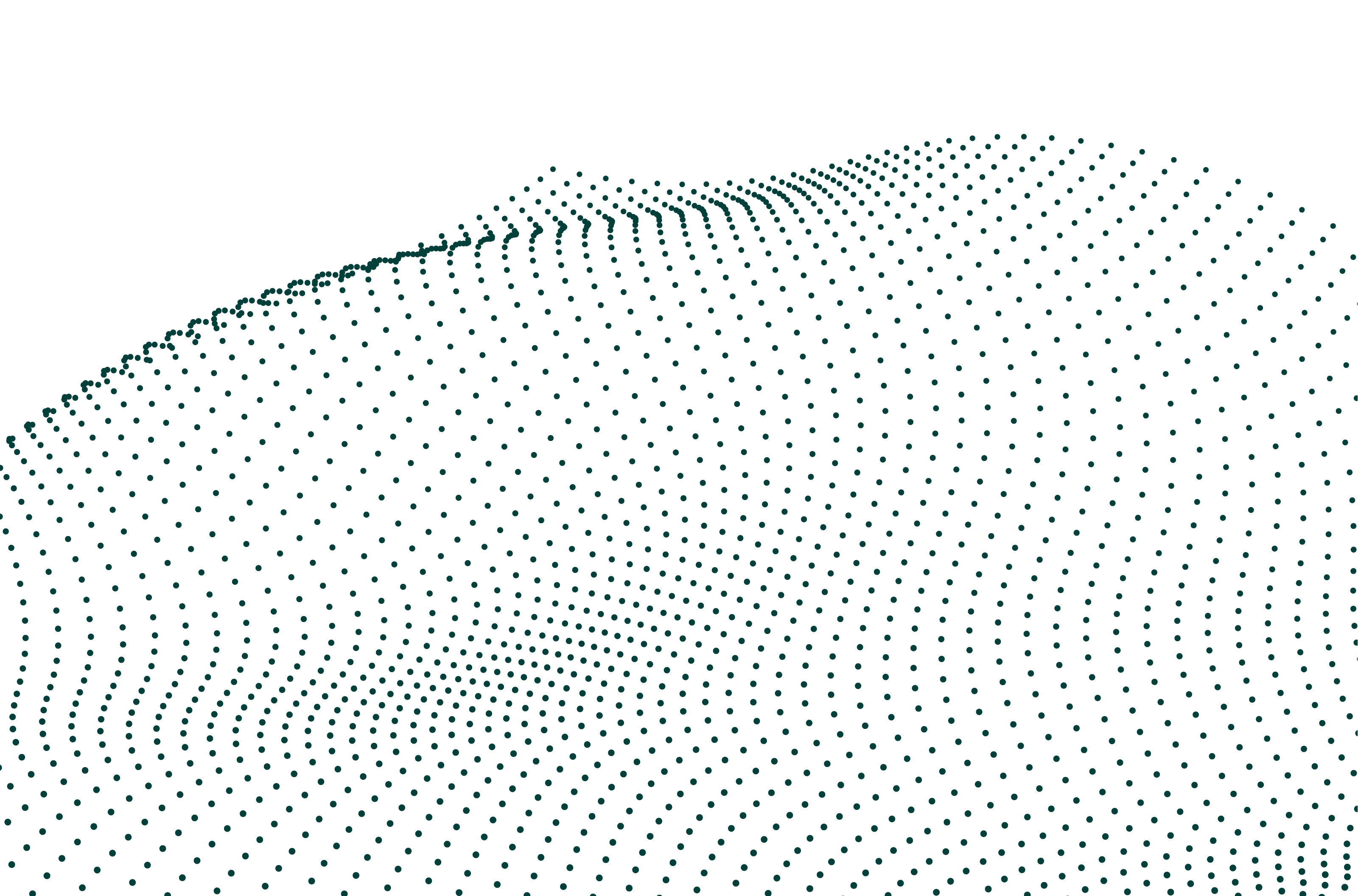 Abstract 3D wave pattern formed by evenly spaced blue-green dots on a black background.