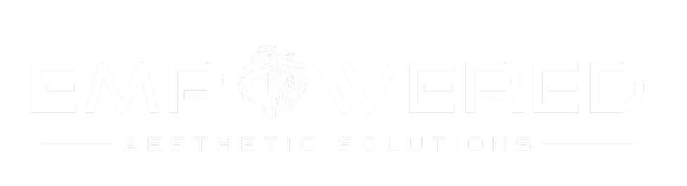 White text logo that reads 'EMPOWERED' with a stylized lion head replacing the 'O' and 'Aesthetic Solutions' below on a black background.