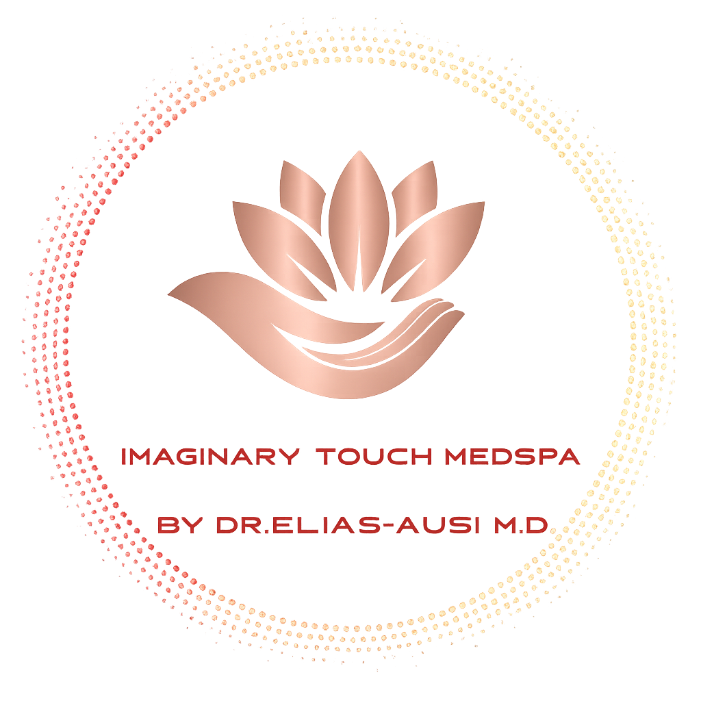 Glowing circular logo with a stylized hand and leaves above the text 'IMAGINARY TOUCH MEDSPA BY DR.ELIAS-AUSI M.D' on a blurred red and yellow background.