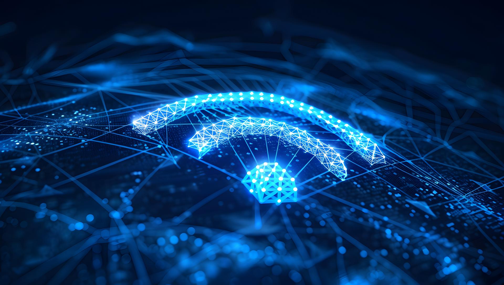 A glowing blue Wi-Fi symbol comprised of interconnected digital nodes and lines hovers over a dark, futuristic network map, conveying technology and connectivity.