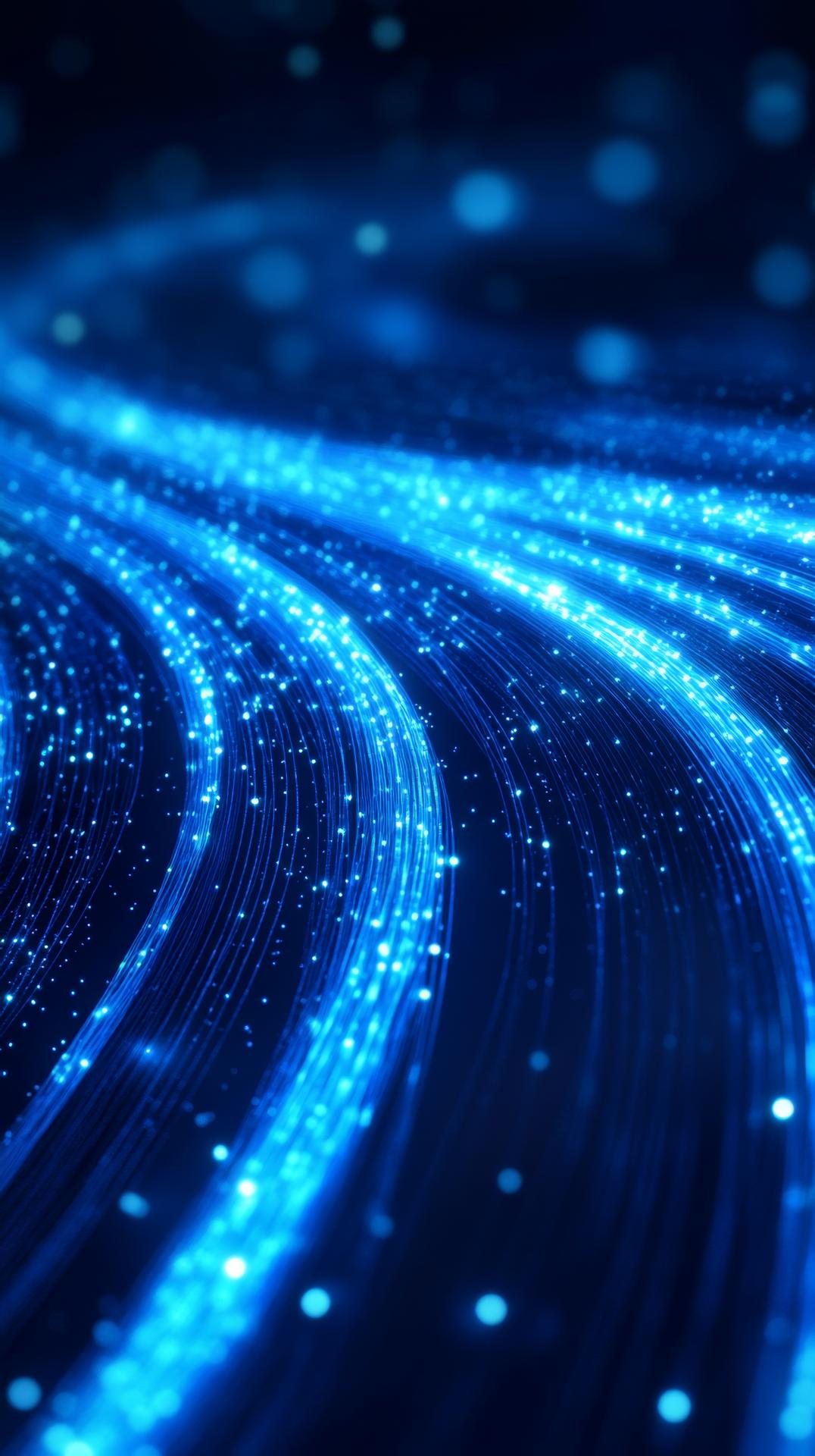 Glowing blue light trails and particles on a dark background create a dynamic, futuristic feel, reminiscent of flowing digital data streams.