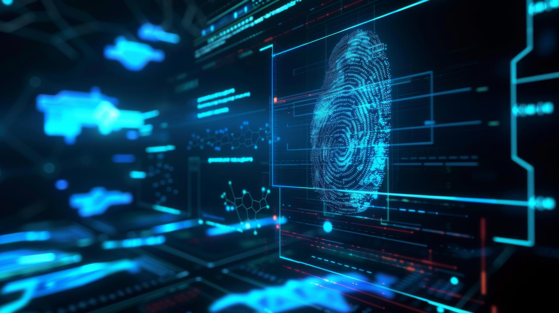 Digital interface displaying a glowing blue fingerprint amidst dynamic data lines and shapes on a dark background, conveying a high-tech, futuristic vibe.