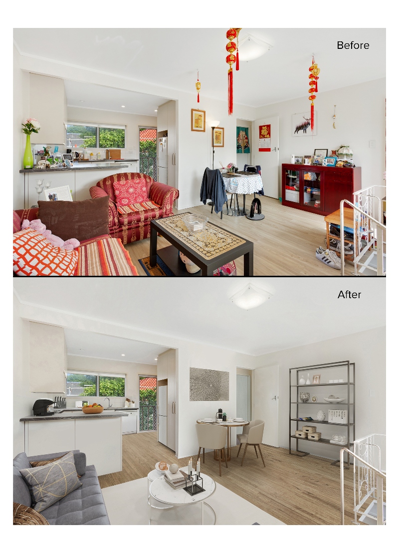 Virtual home staging transformation of a cluttered, traditional living and dining area into a clean, modern, open-plan space with a neutral color palette