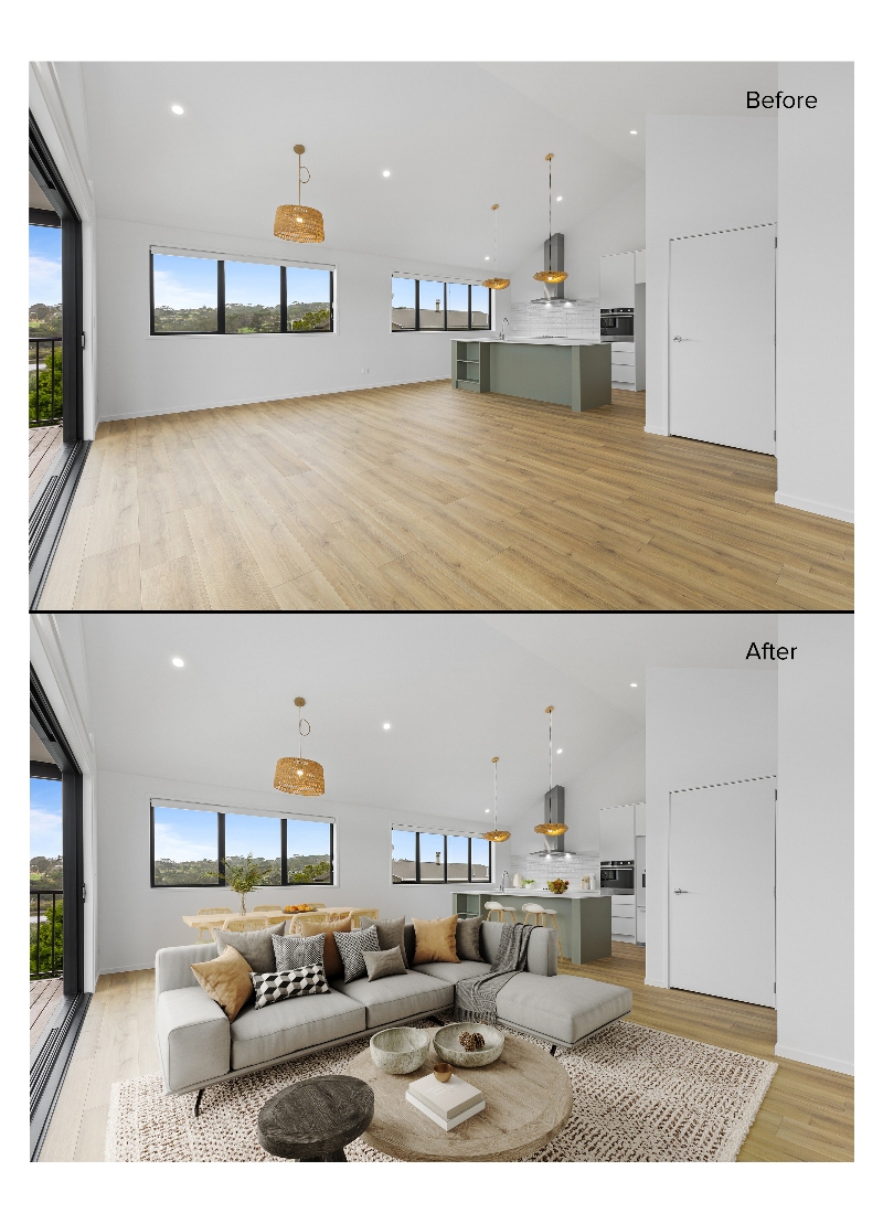 Virtual home staging of an empty open-plan living area and kitchen, transforming it into a furnished, inviting space with a sectional sofa and modern decor