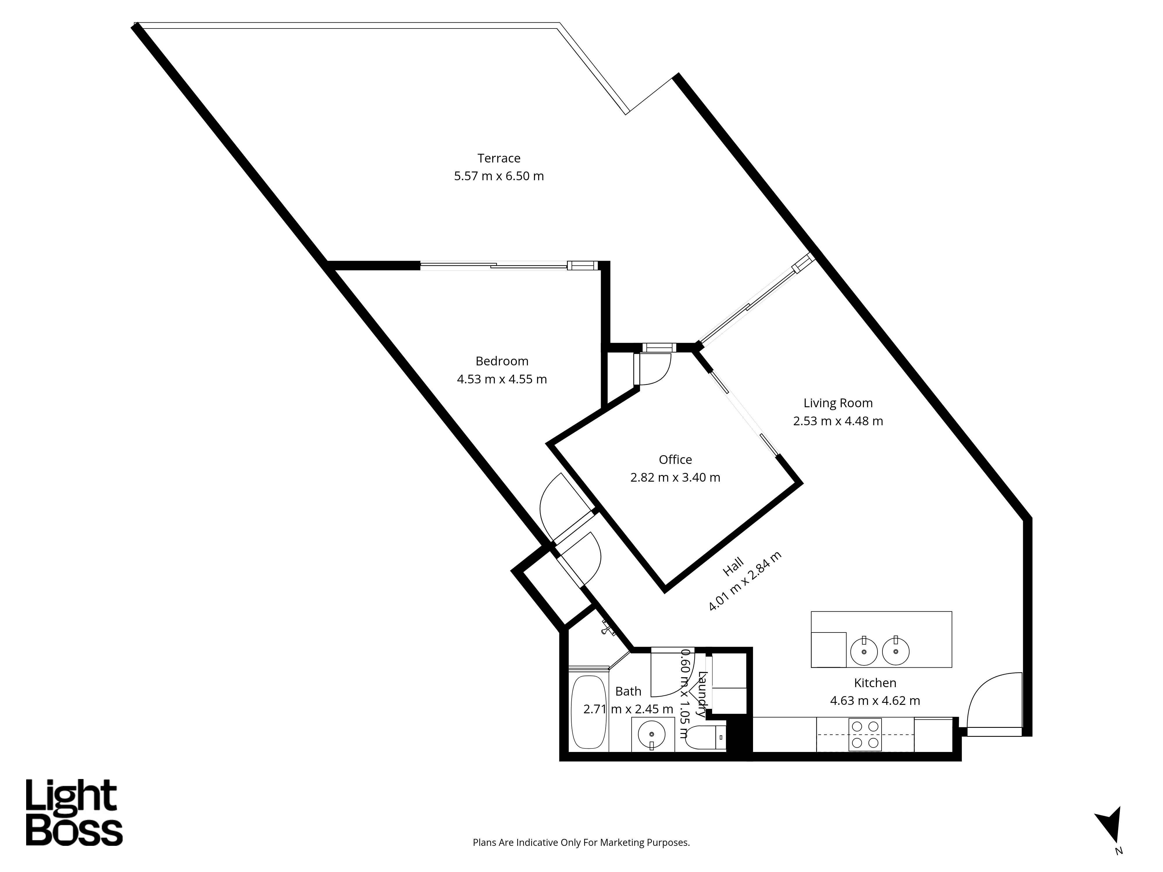 Modern LightBoss floor plan in black on a white background.