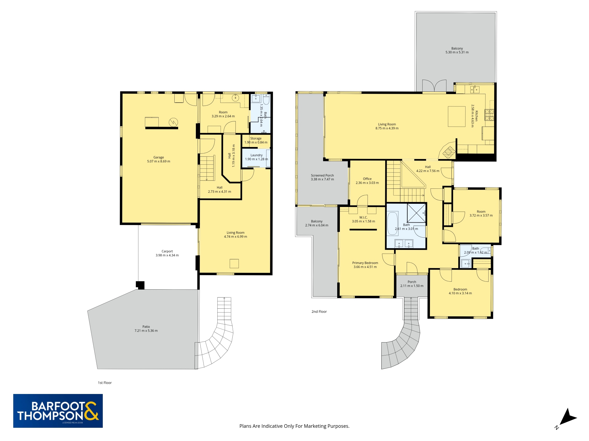 Barfoot floor plan shaded with different colours of yellow and grey for different rooms and areas of the house.