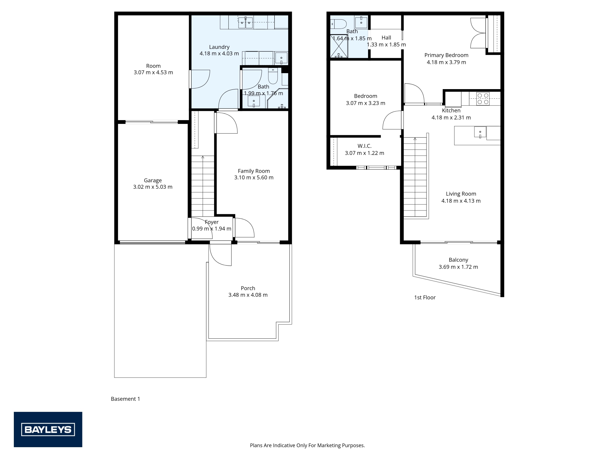 Floor plan shaded with different colours of blue for different rooms and areas of the house.