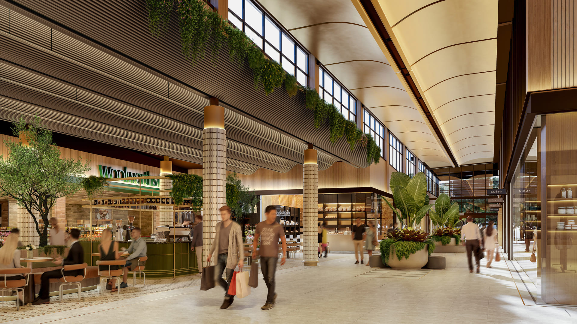 Render of the inside of the town centre showing shop and people wandering