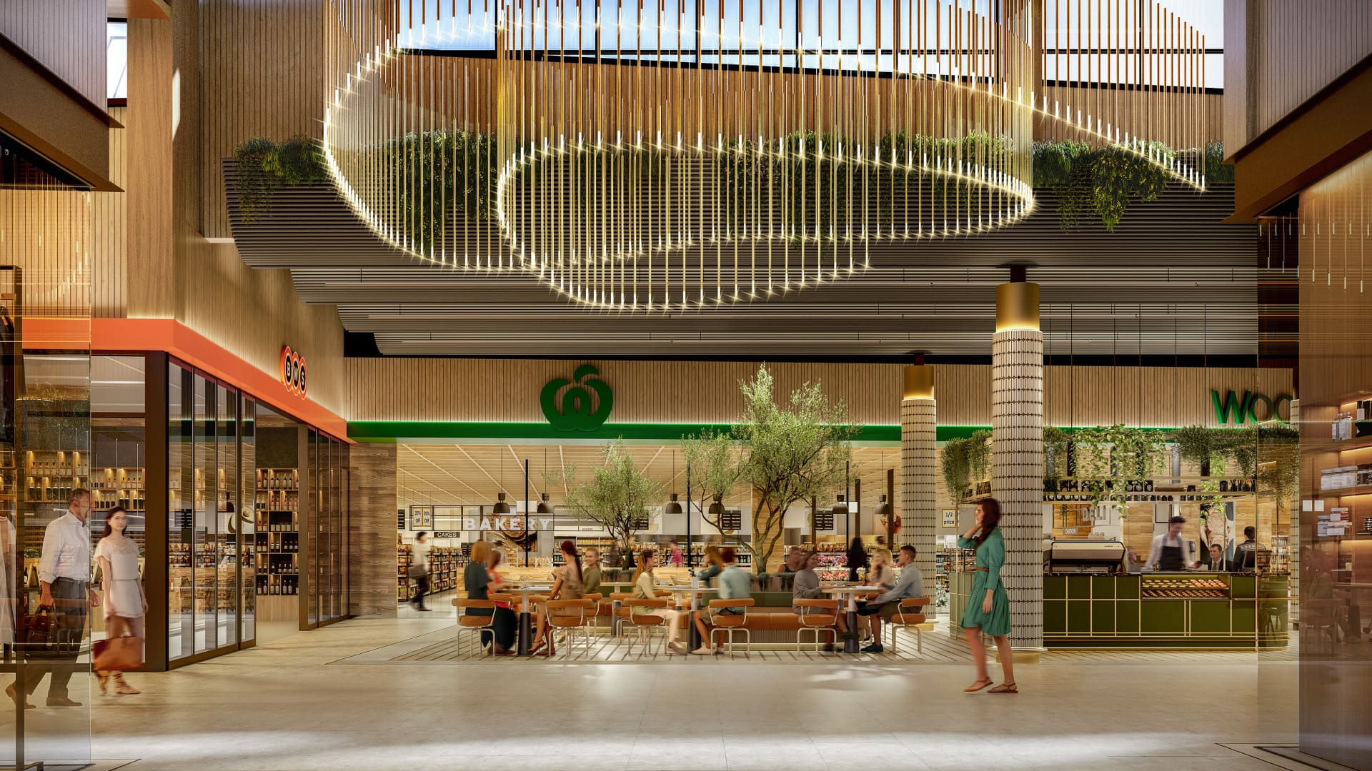 A render of the Watagan Park Town Centre showing BWS and Woolworths