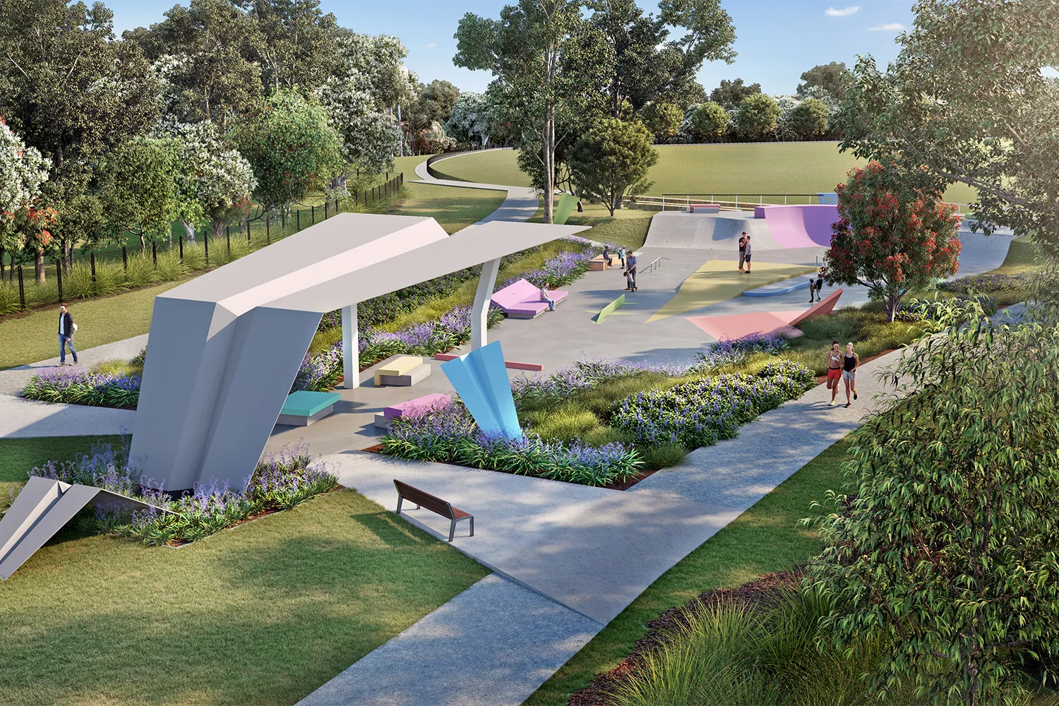 Render of the future skatepark with shady paths and seating