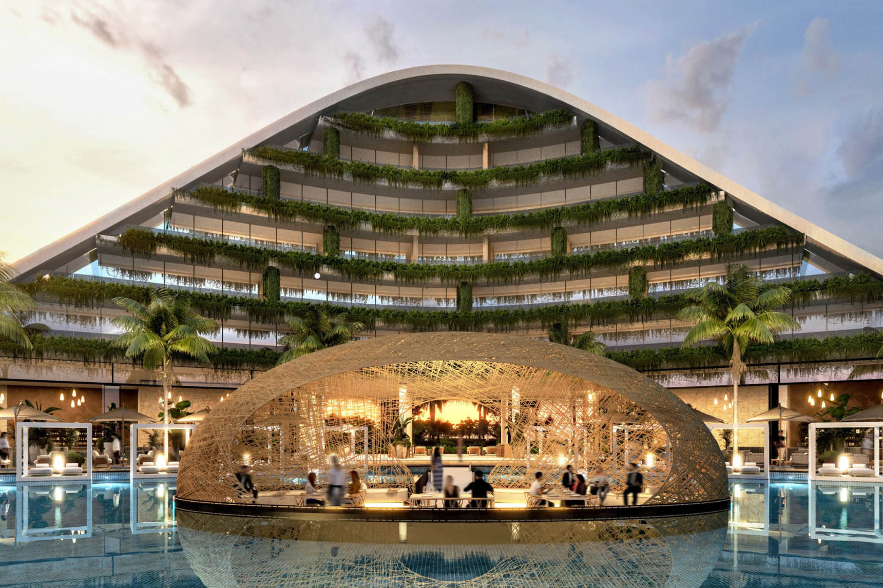 Render of the Trinity Point hotel showing a pyramid shaped building with a pool