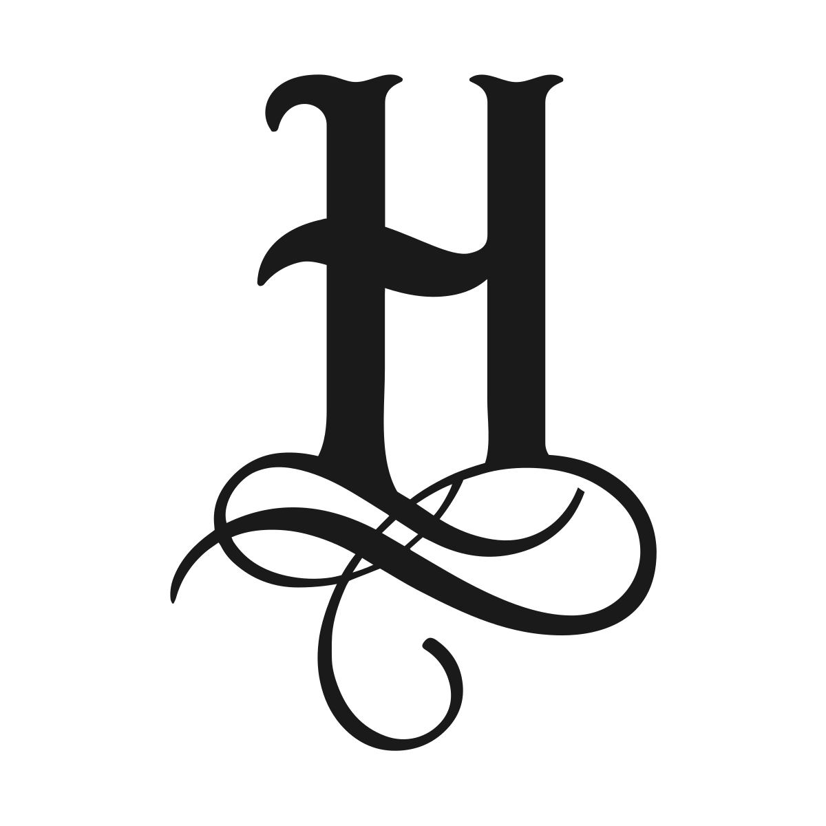Stylized letter H with decorative flourish in black color.
