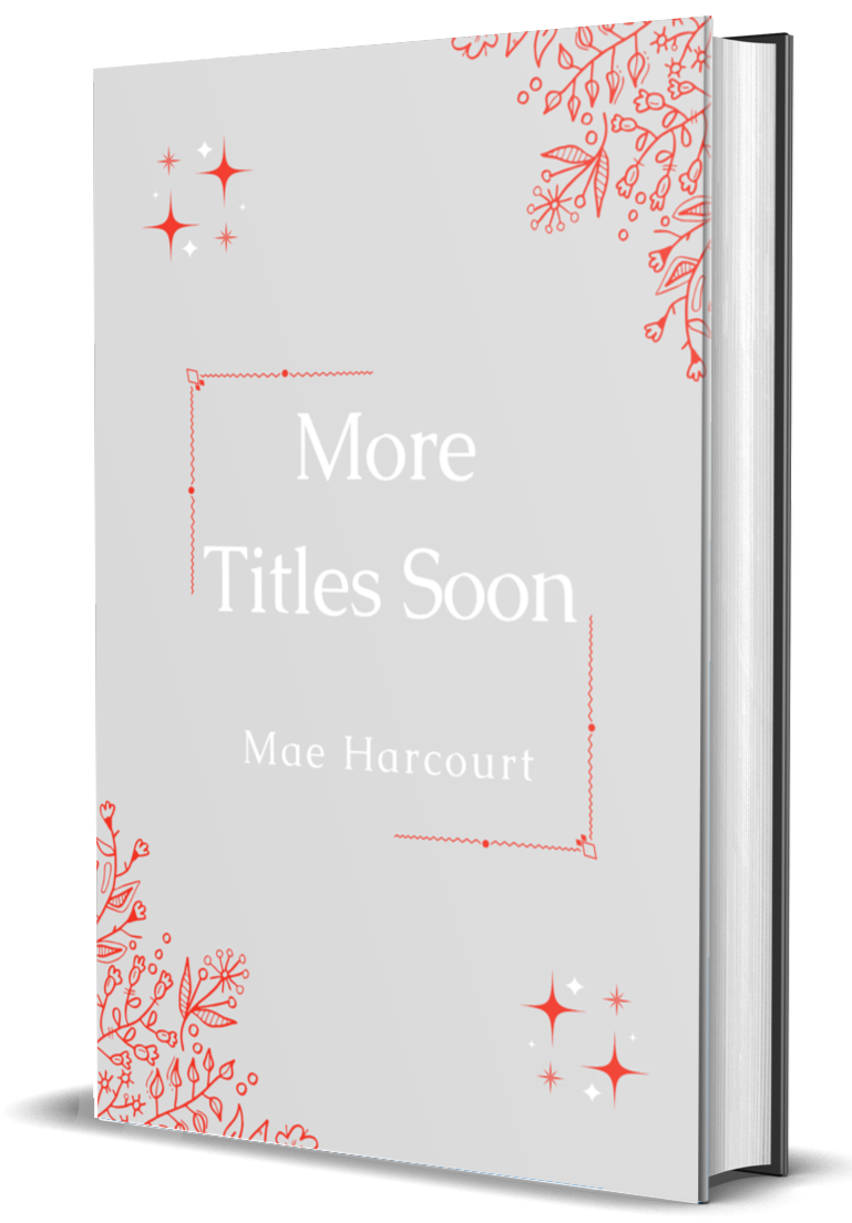 Gray book cover with red floral corner designs and stars, titled 'More Titles Soon' by Mae Harcourt.