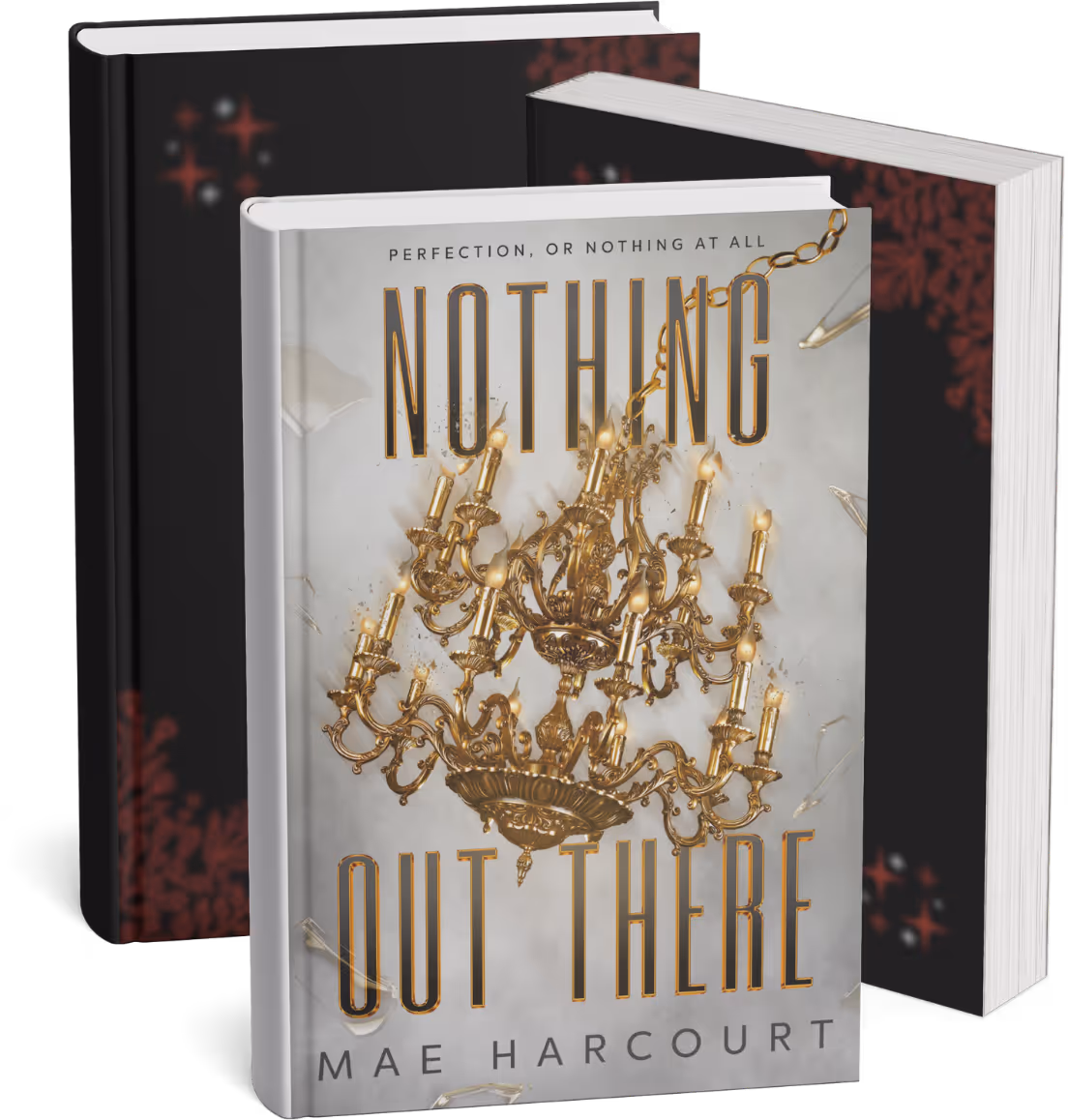 Book cover of 'Nothing Out There' by Mae Harcourt featuring a golden chandelier with lit candles and shattered glass pieces on a gray background.