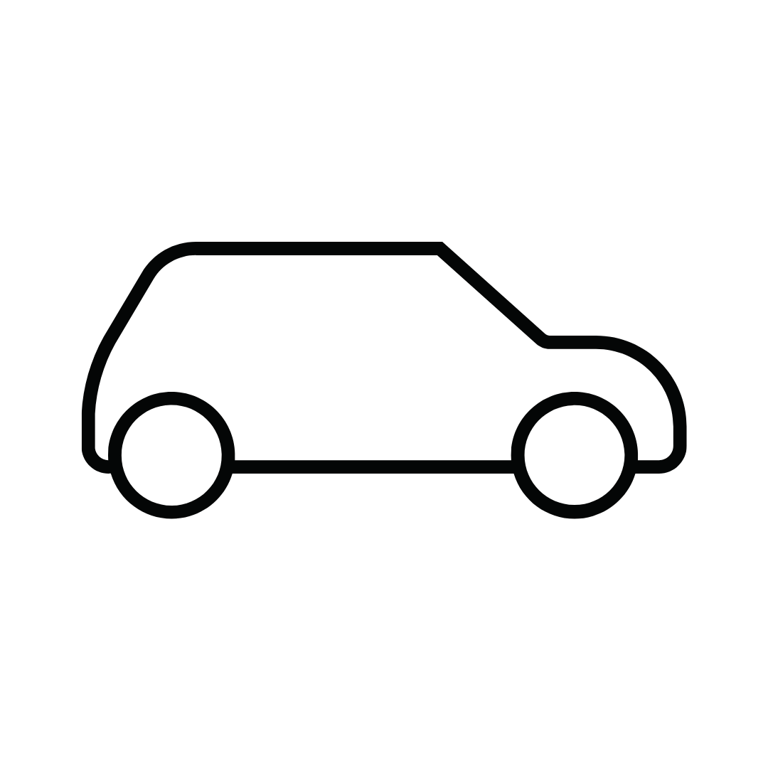 Simple black outline icon of a car in side view.