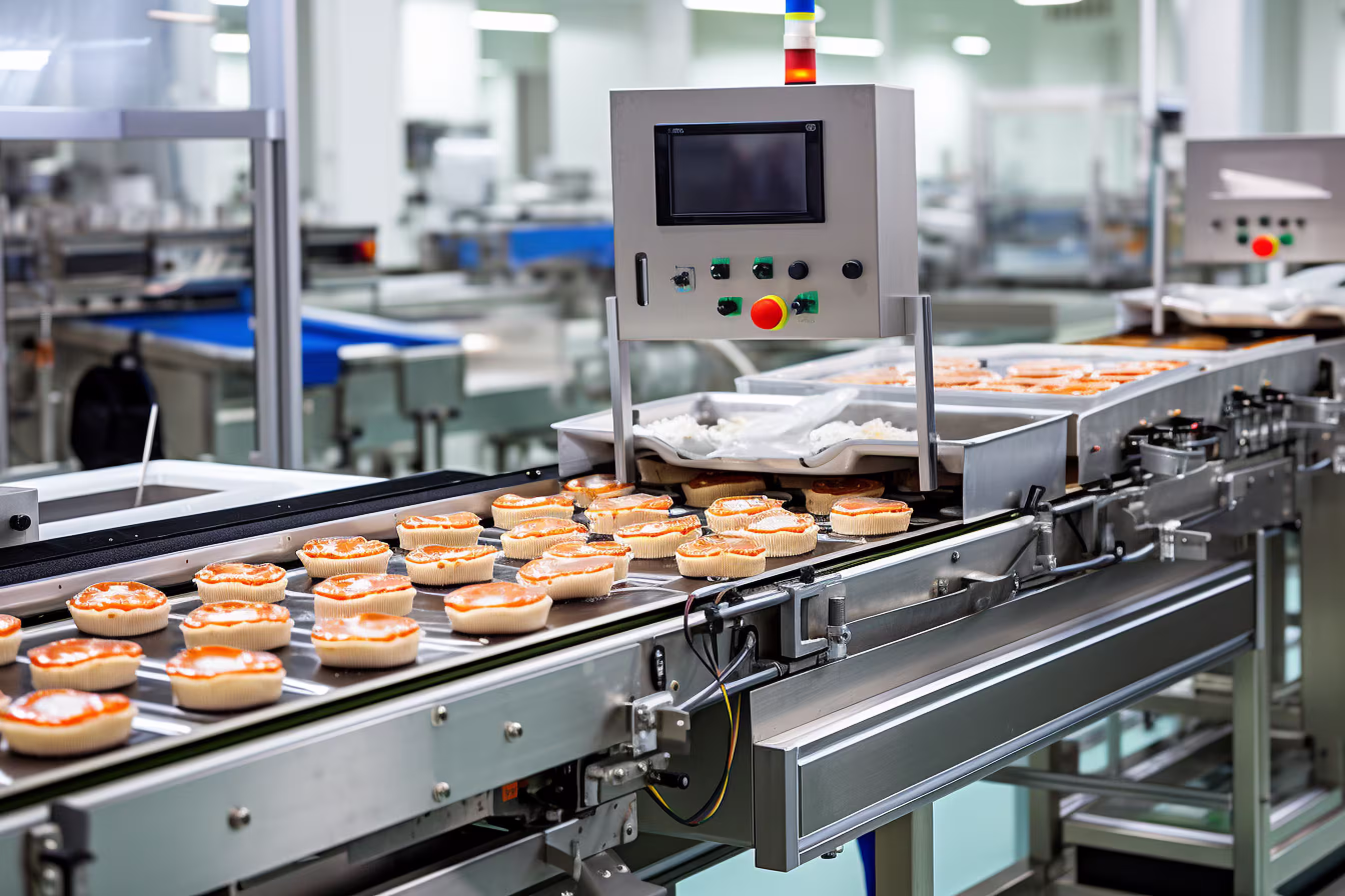 Automated food production conveyor line with stainless steel equipment and control panel in a hygienic manufacturing facility