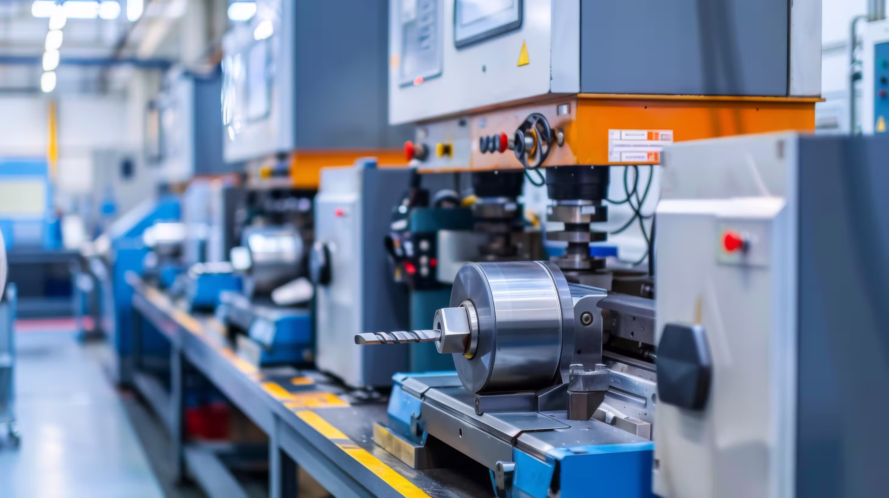 Row of CNC lathes and machining equipment in a precision manufacturing workshop