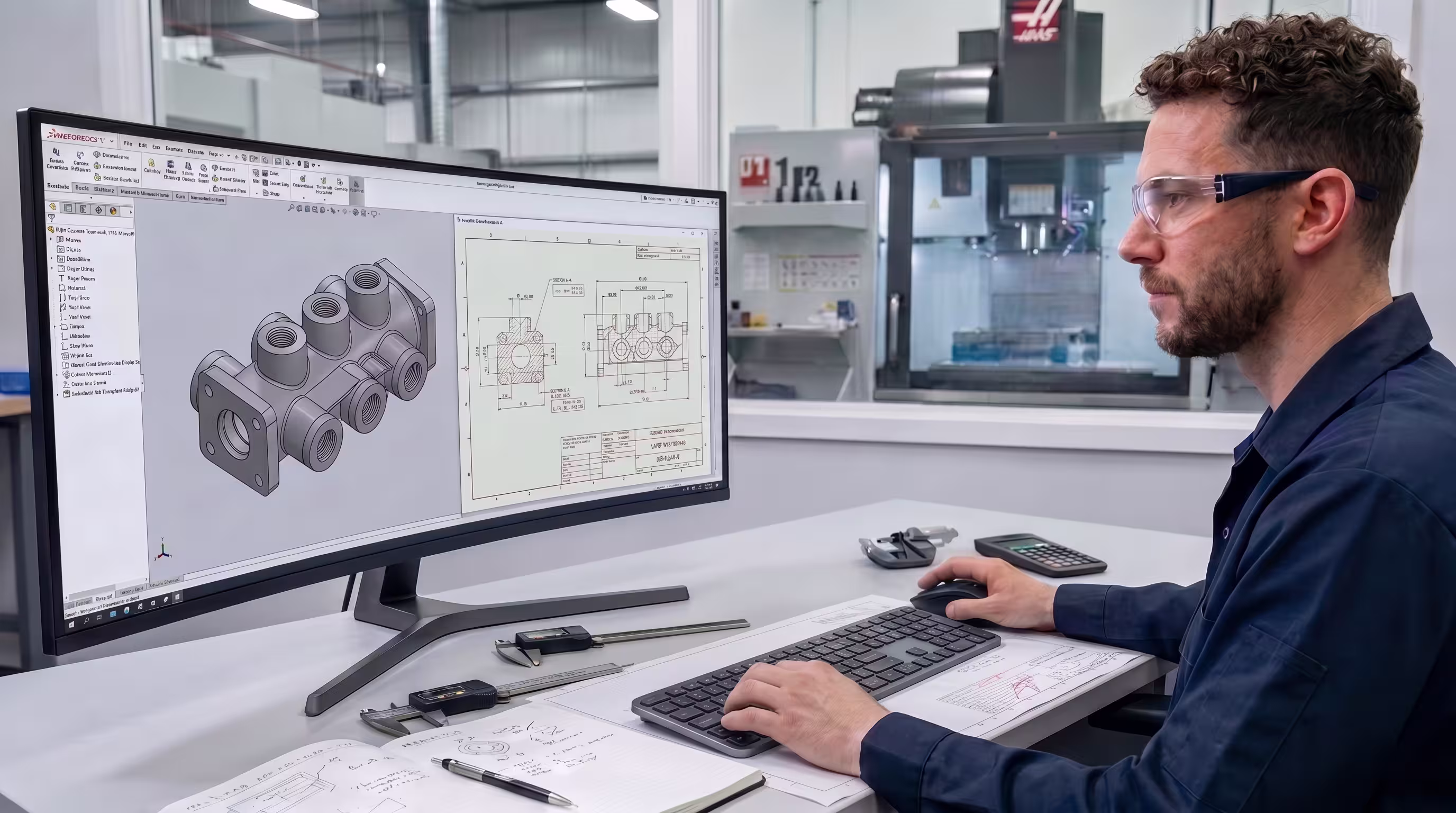 Mechanical engineer reviewing a 3D CAD model and technical drawings in a CNC manufacturing office.