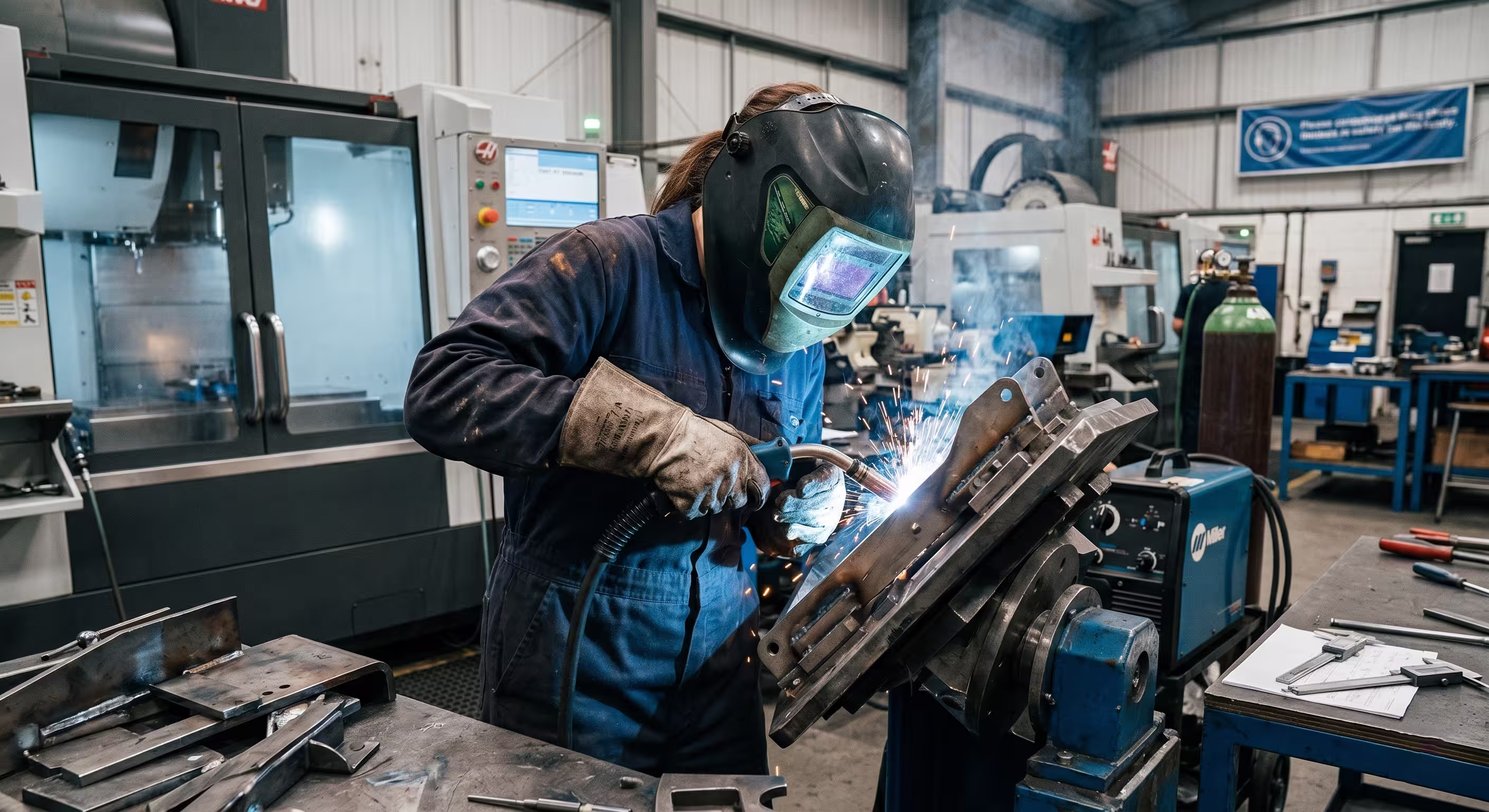 Welder fabricating a steel component inside a precision engineering and CNC machining workshop.