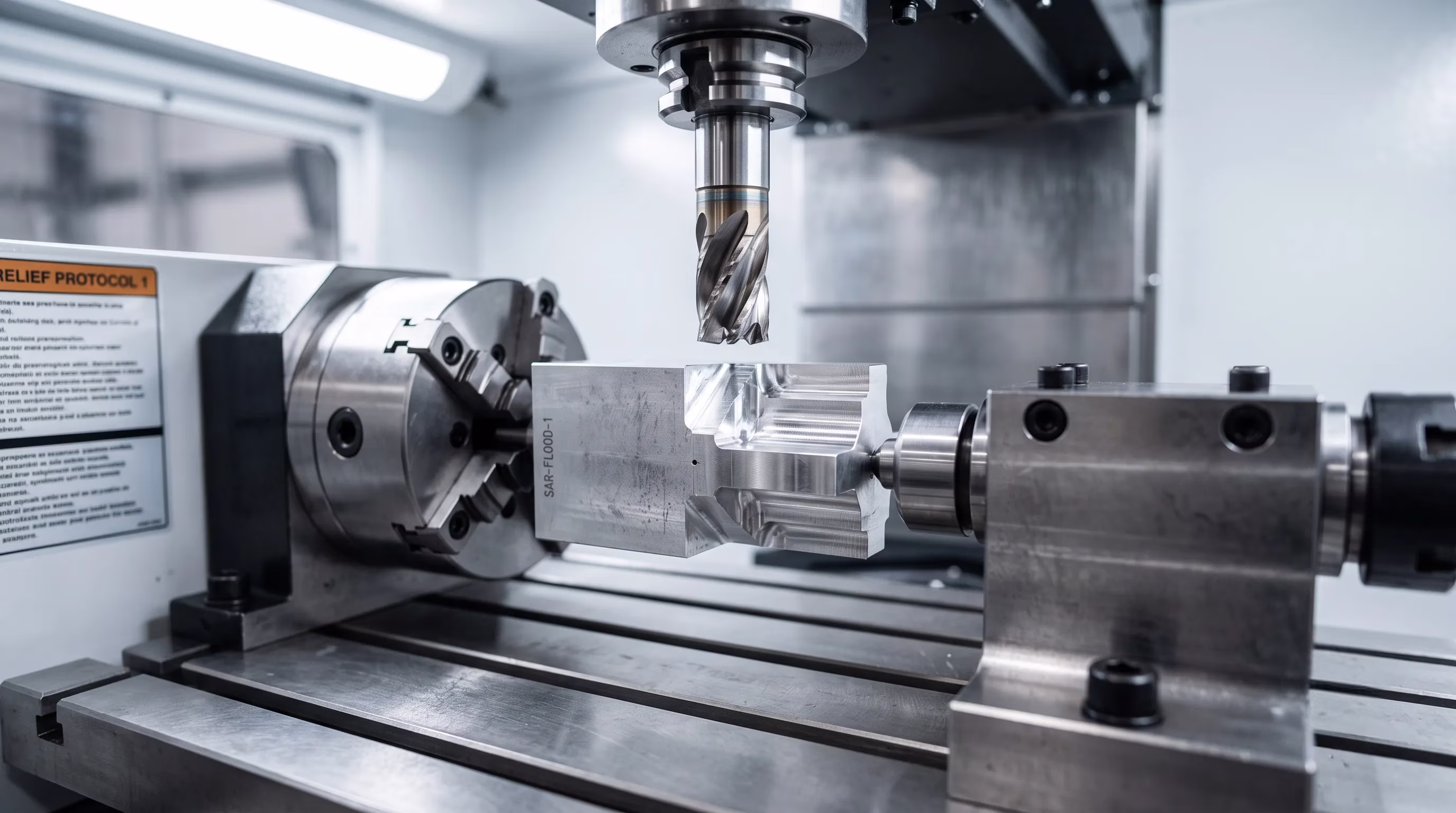 Close-up of CNC milling machine cutting a metal workpiece in an industrial setting.