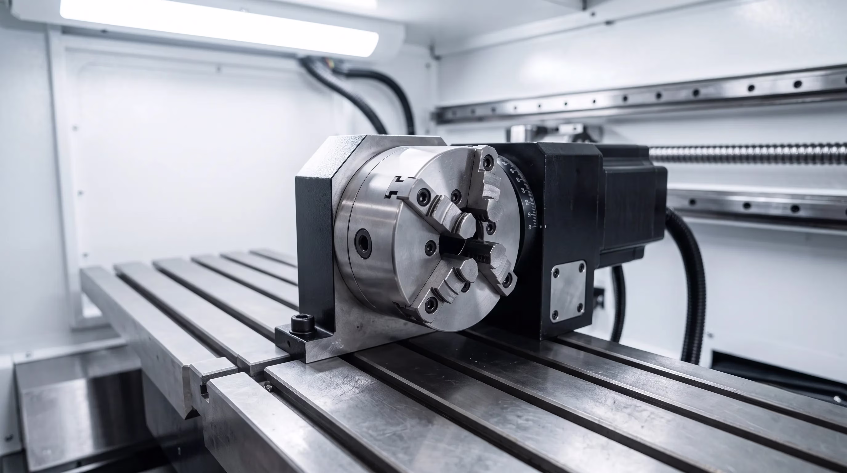 Four-jaw chuck mounted on a metal industrial CNC machine bed under bright lighting.