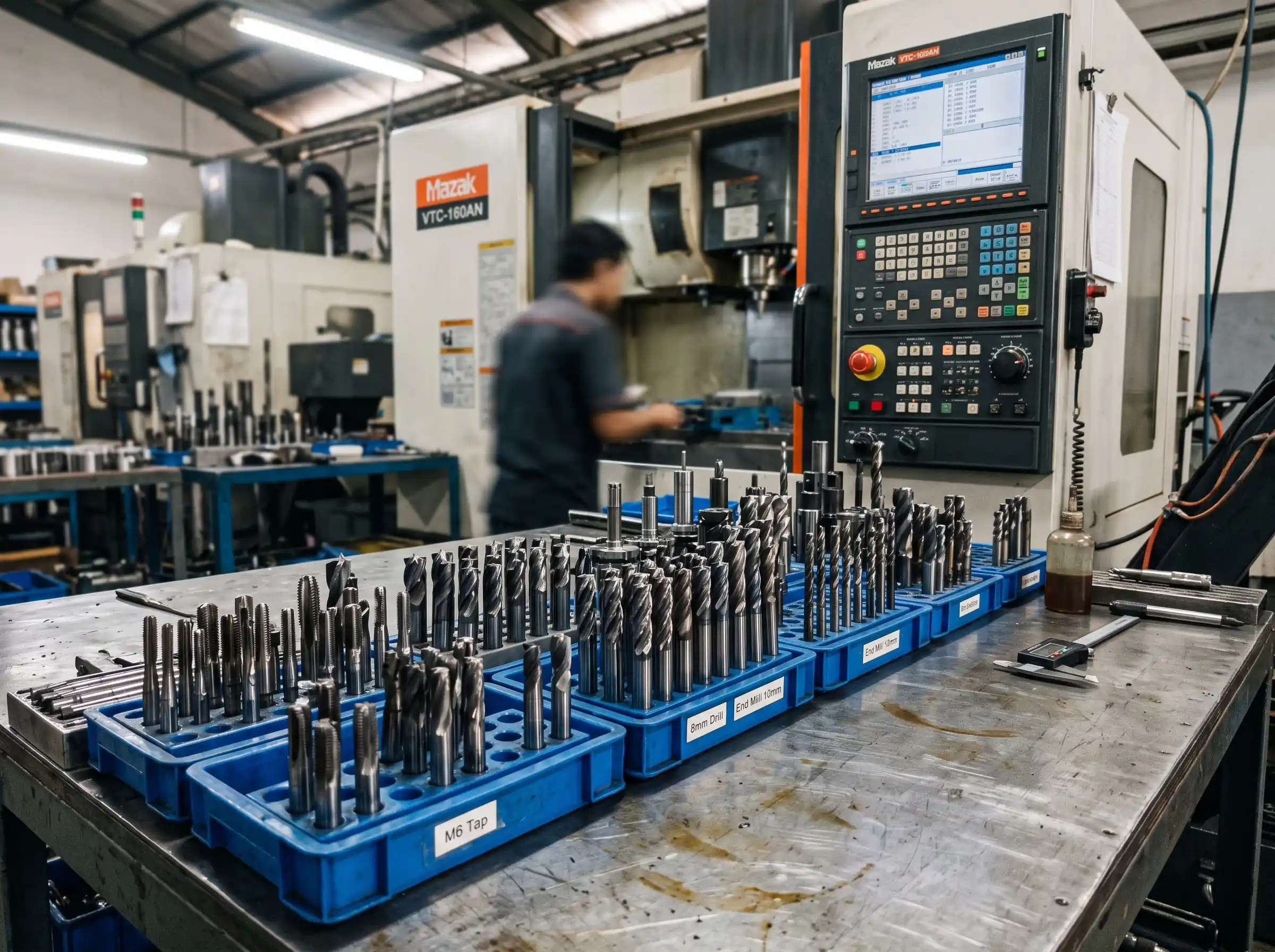 Organized metal cutting tools on blue trays near CNC machines in a factory with a worker in the background.