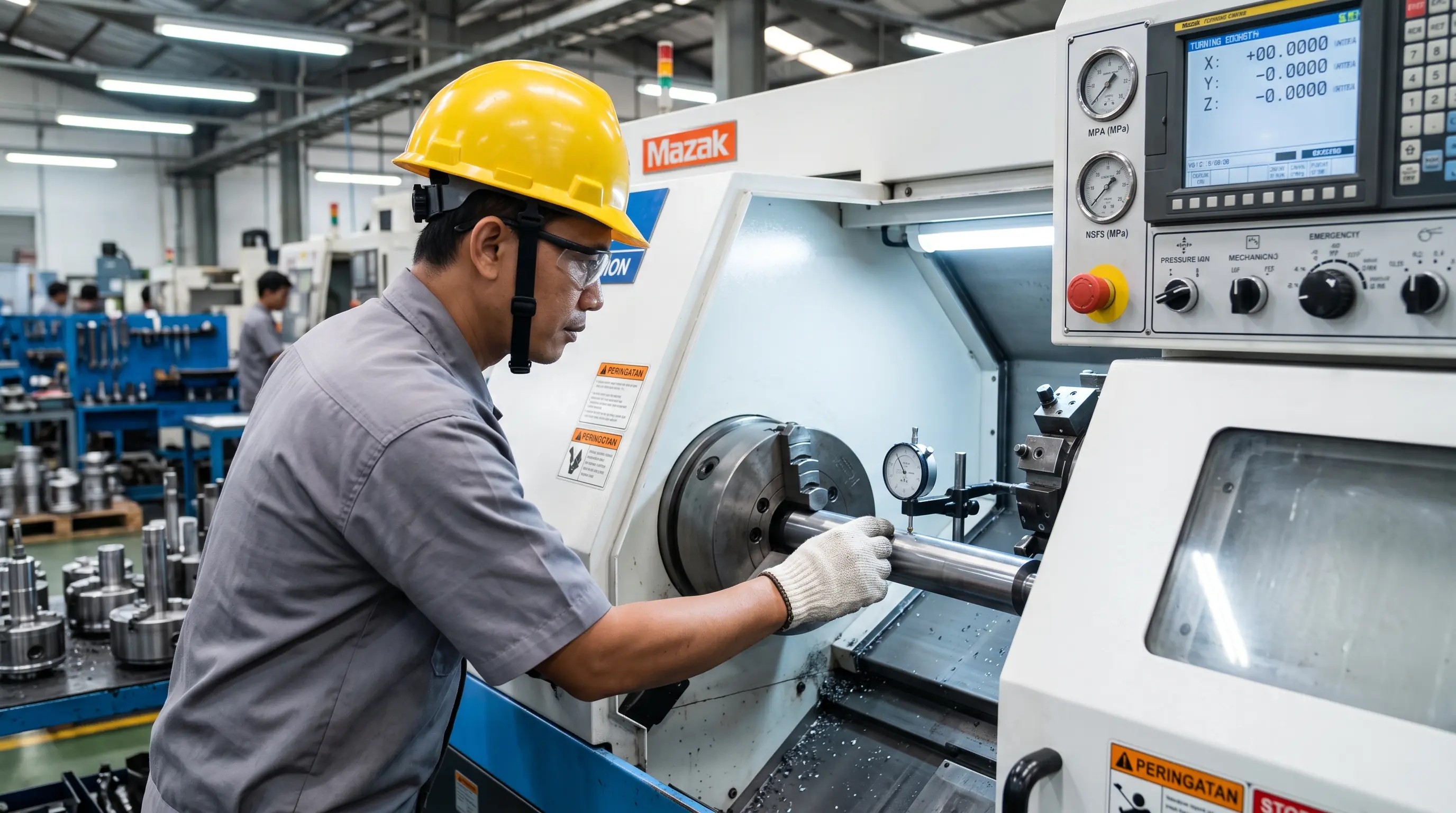 Worker in yellow helmet operating Mazak CNC lathe machine to shape a metal cylinder.