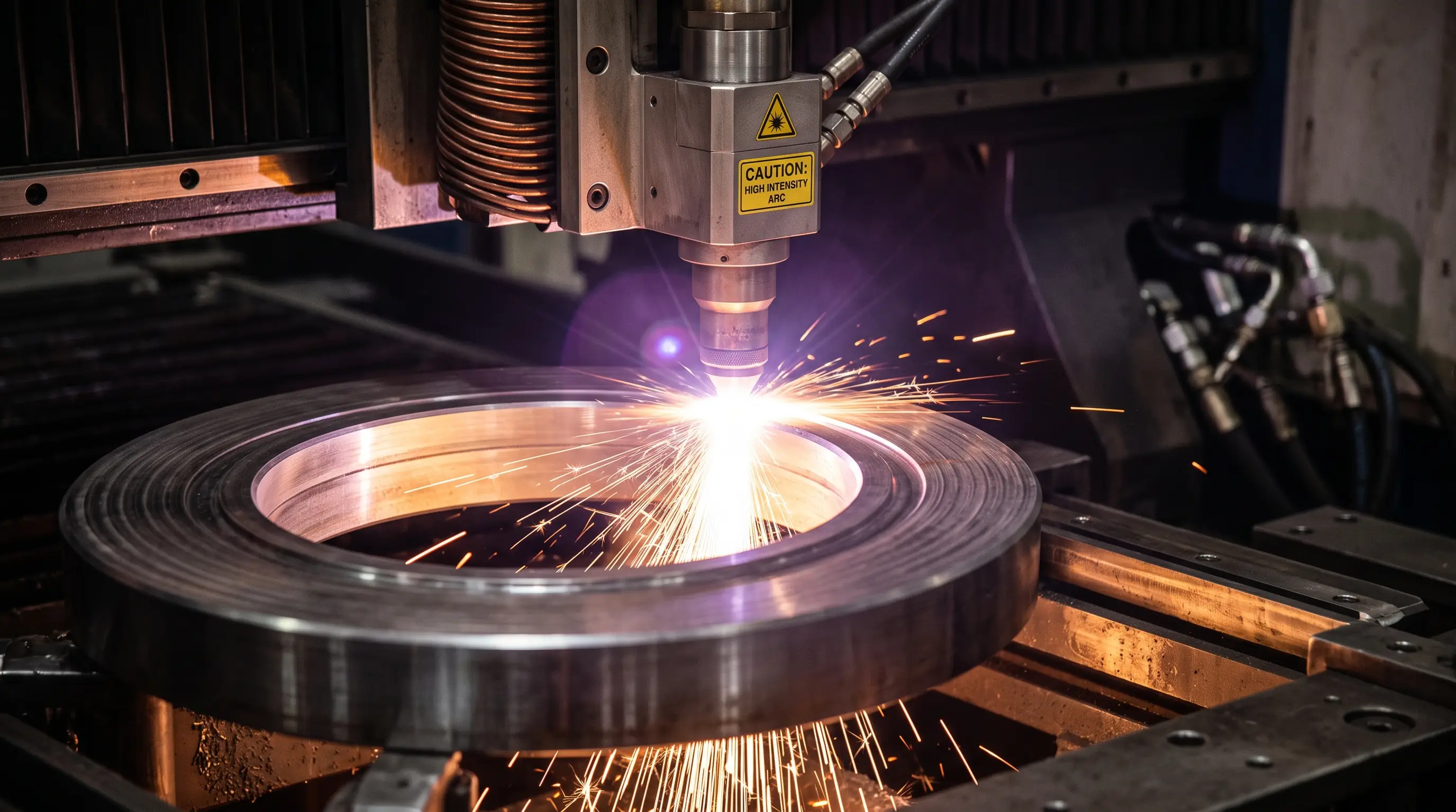 Laser cutting machine emitting sparks while cutting a circular metal piece in an industrial setting.