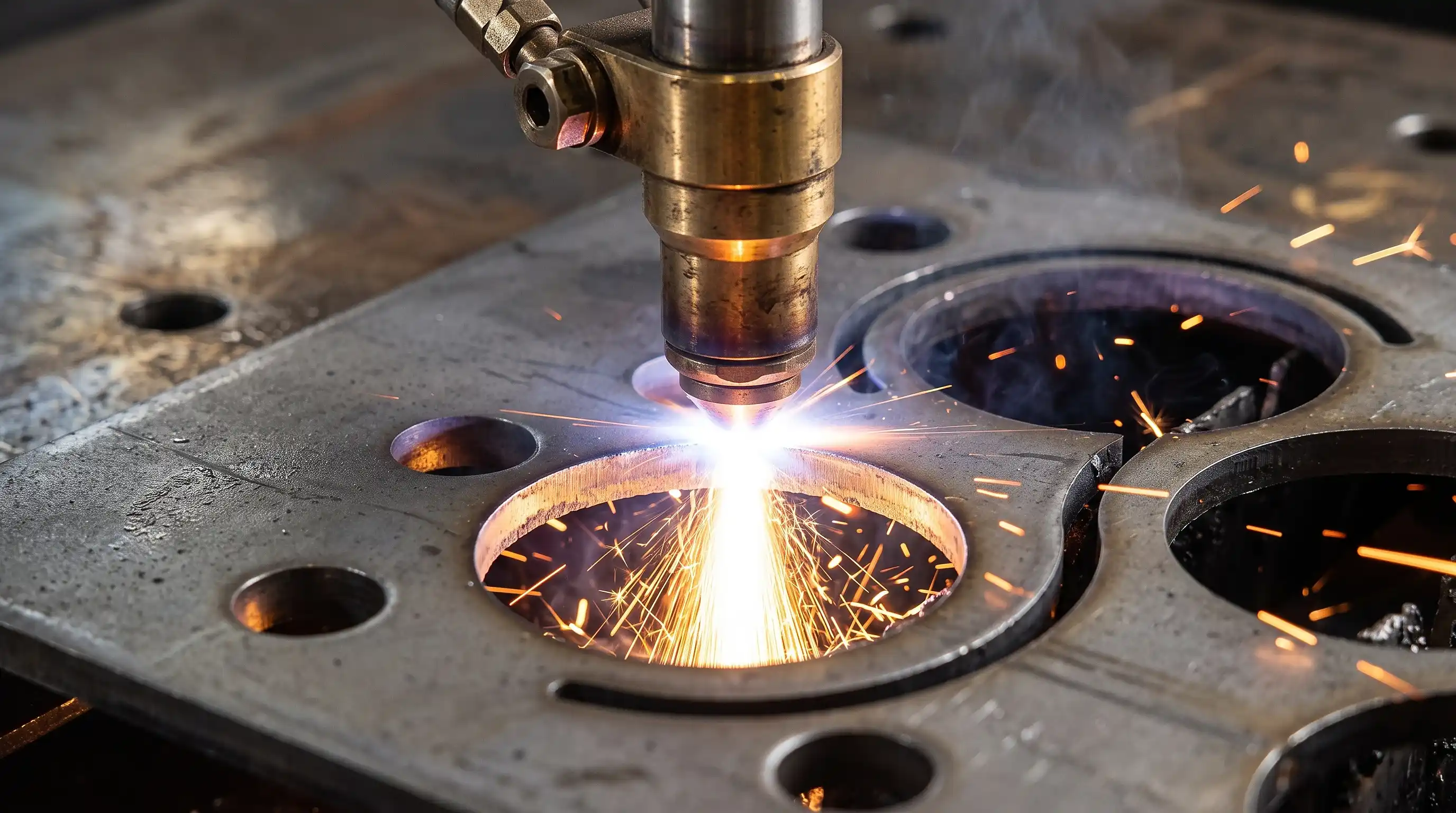CNC plasma torch cutting precision holes into steel plate, sparks flying, Melbourne machine shop.