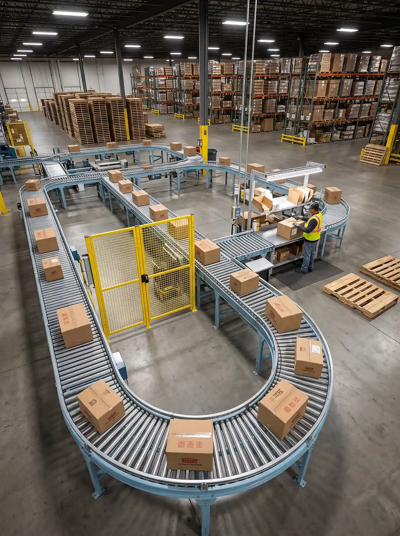 Warehouse roller conveyor system carrying cardboard boxes past a worker scanning packages.