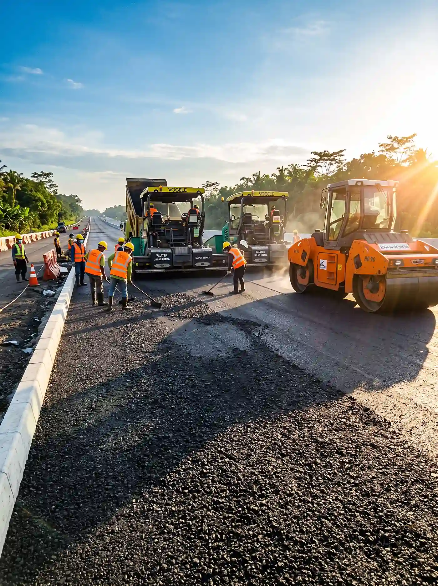 Road construction crew operating asphalt paving machines and a roller compactor at sunrise.