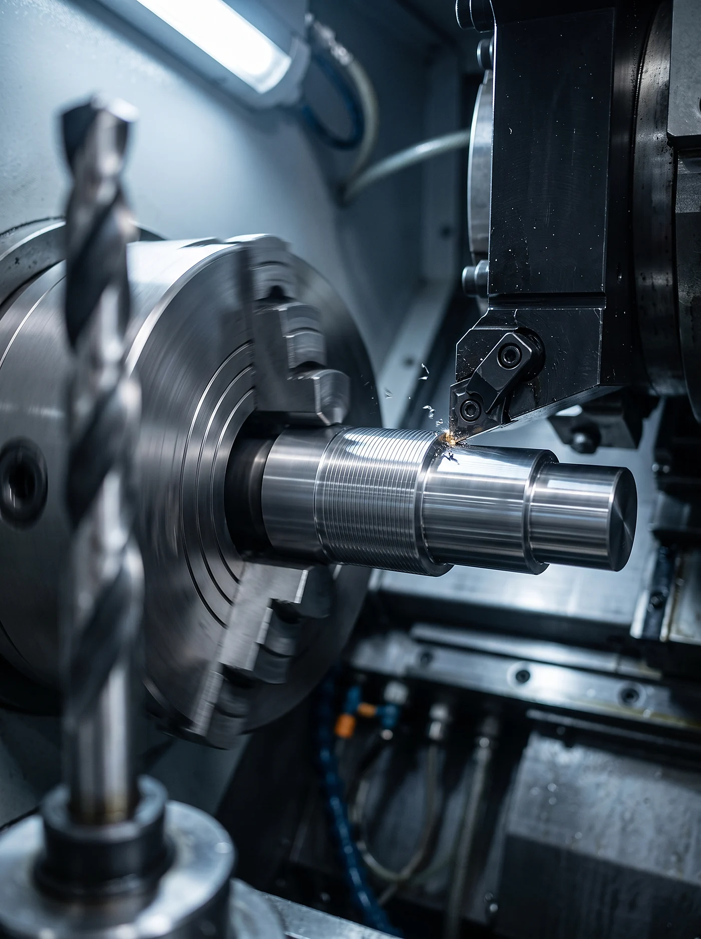 CNC lathe turning a precision steel shaft, coolant spray and metal chips visible during machining.
