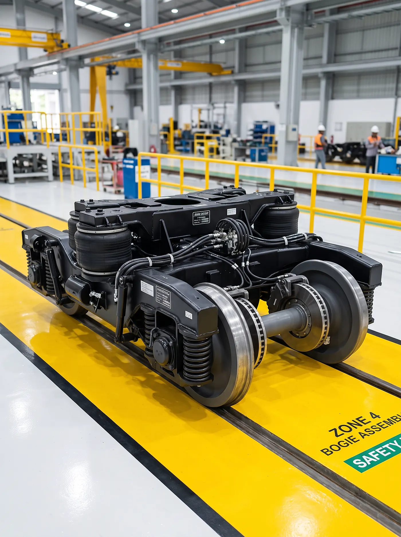 Rail bogie wheelset assembly with brake discs and air suspension on a rolling-stock assembly line.