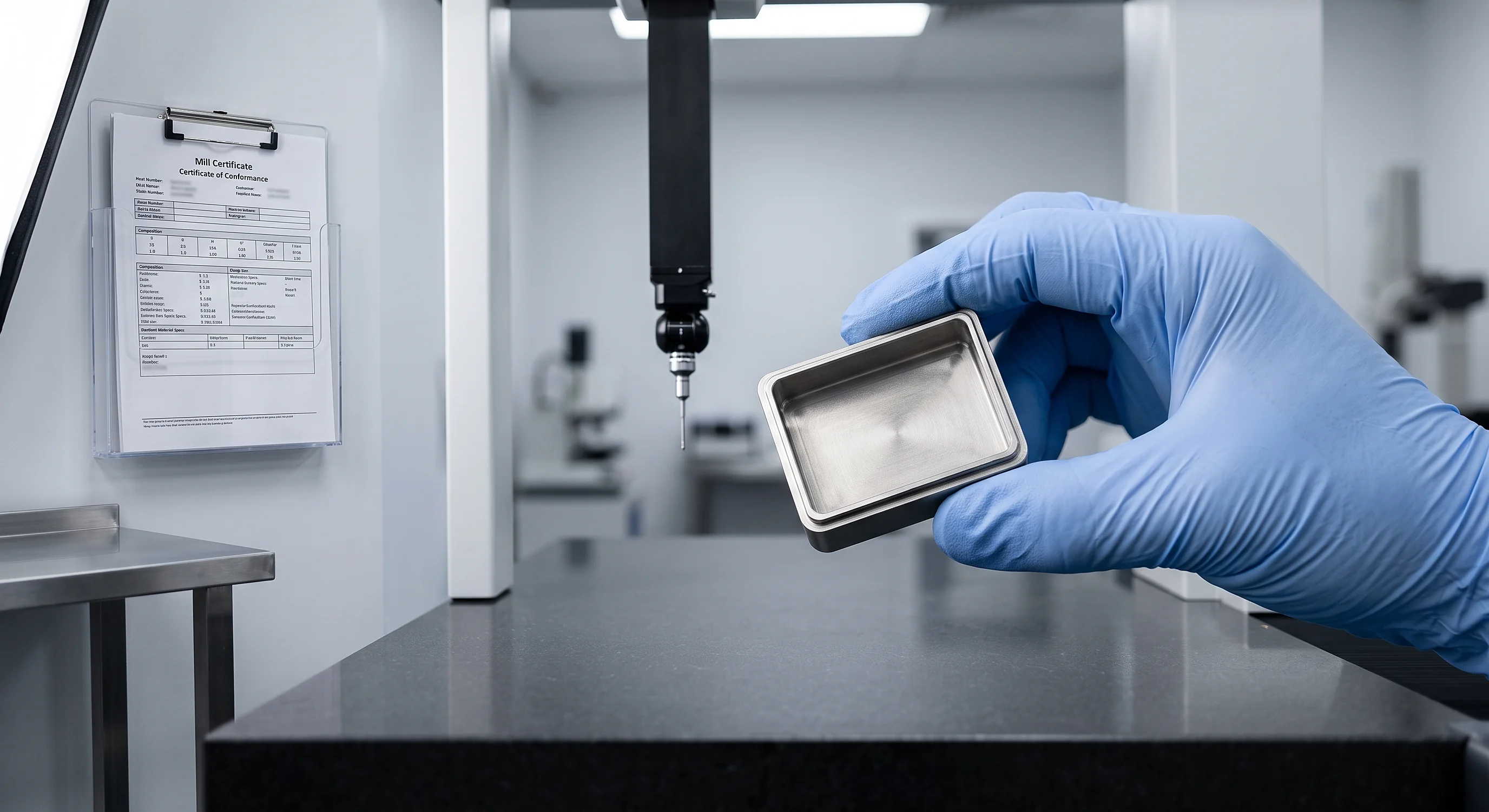 Gloved hand holding a precision-machined 316L stainless steel medical device housing beside a coordinate measuring machine, with the mill certificate displayed on a wall-mounted holder in a metrology lab – CNC machining for medical equipment traceability.
