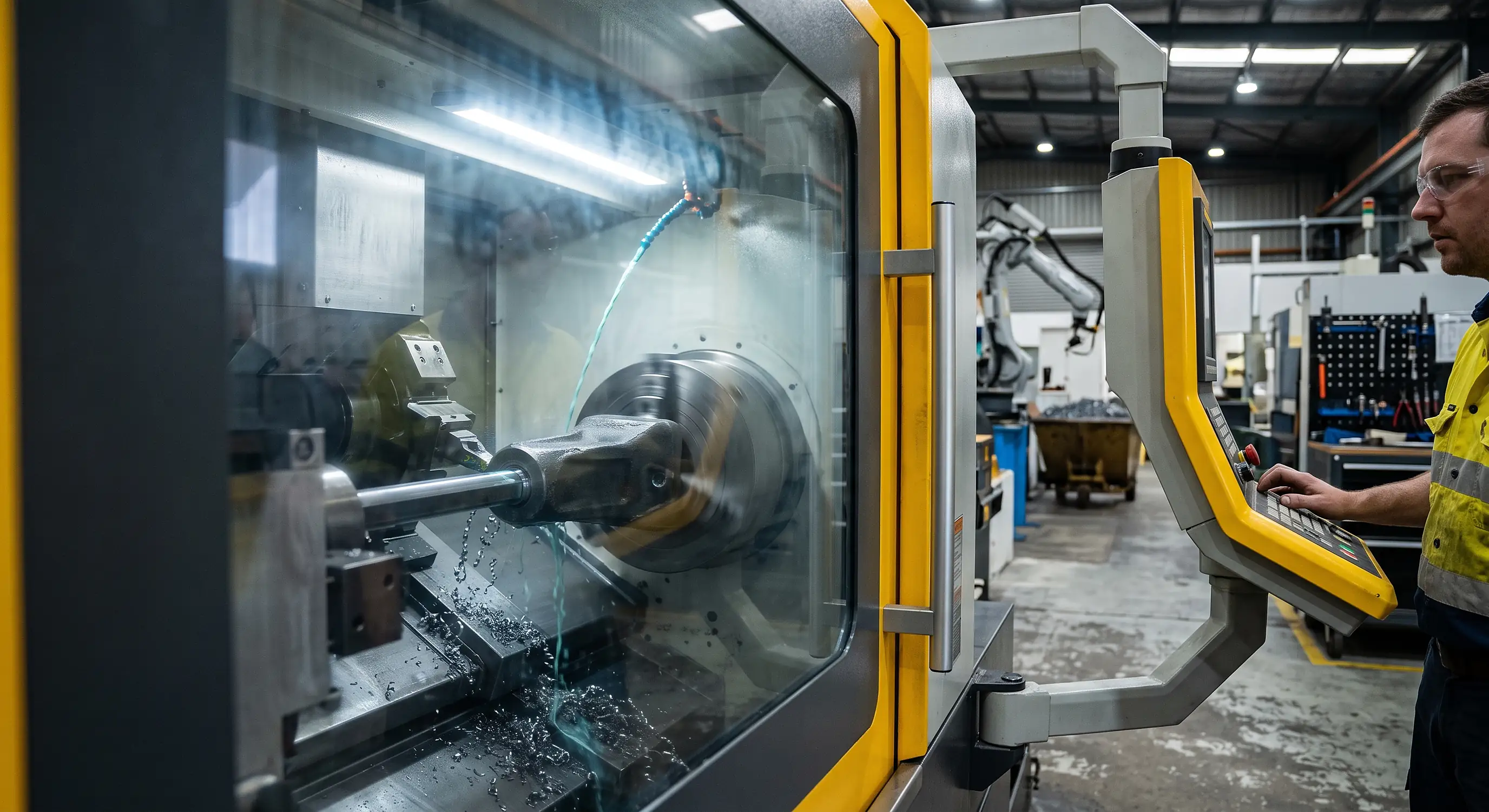 CNC lathe boring a wear-steel bucket-tooth adapter, viewed through the machine's safety window with coolant flowing over the cutting tool, while a machinist monitors the cycle from the control panel – CNC machining for construction and roads equipment.