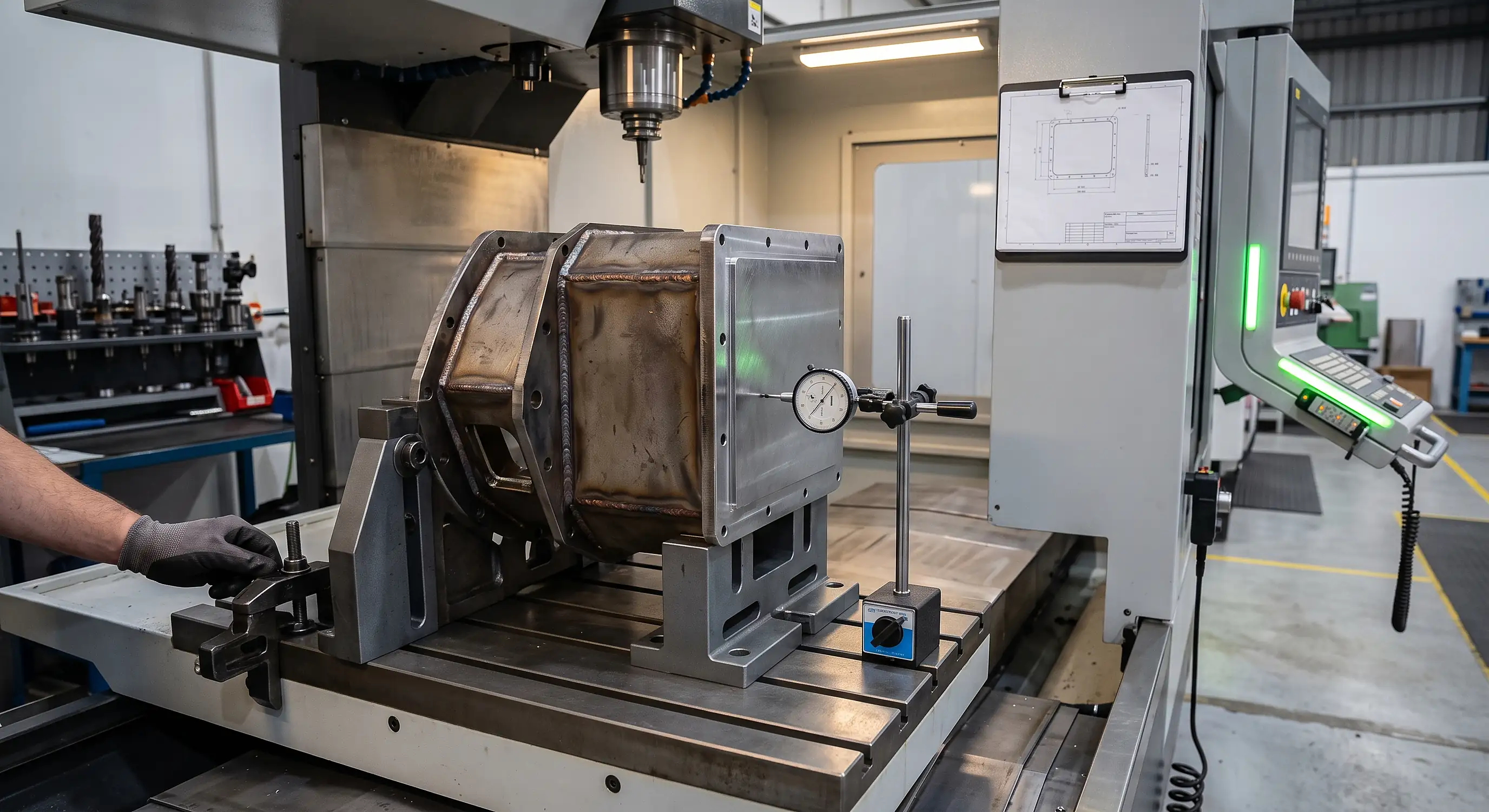 Welded steel housing clamped on a CNC machining centre table, with a dial indicator on a magnetic stand checking a freshly machined face and the engineering drawing mounted beside the control panel – illustrating the handoff from fabrication to CNC machining.