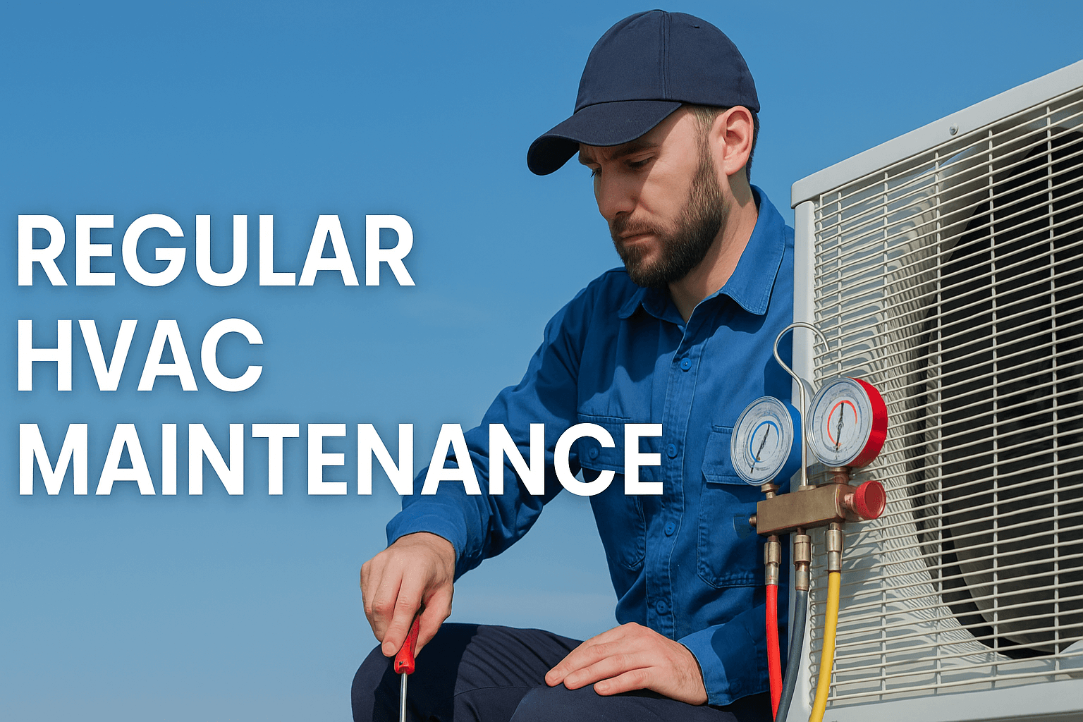 Technician in blue uniform performing maintenance on an outdoor HVAC unit with gauges and hoses.