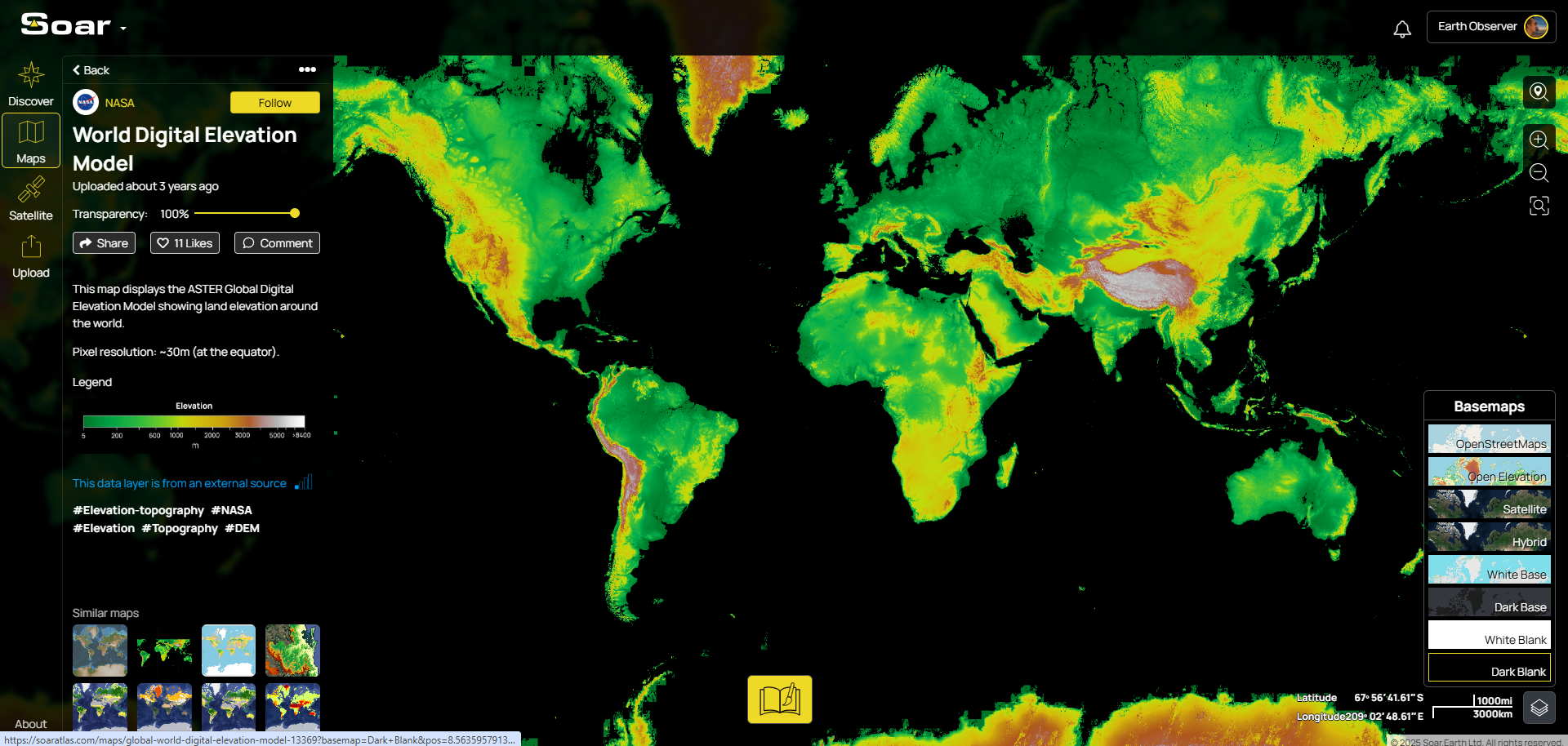 A screenshot showing the dark blank basemap behind a world digital elevation model map by NASA