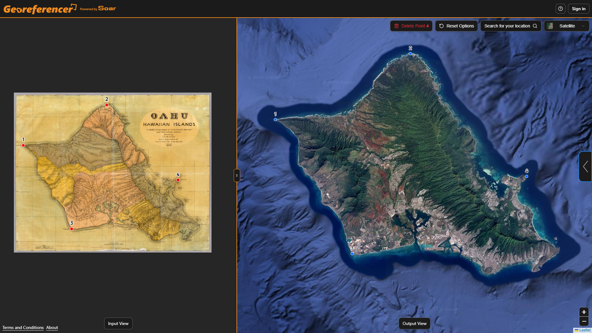 A screenshot of georeferencer.ai with an old Oahu map on the left and a satellite basemap on the right with 4 points in each corner.