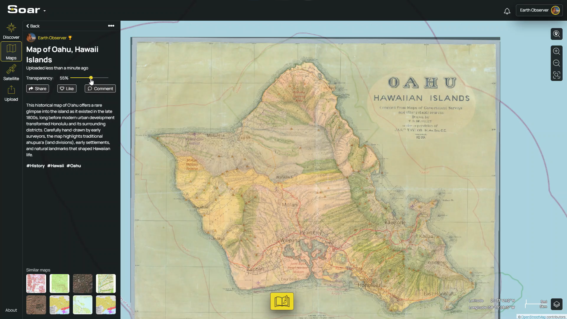 A screenshot of the georeferenced oahu map on Soar Atlas
