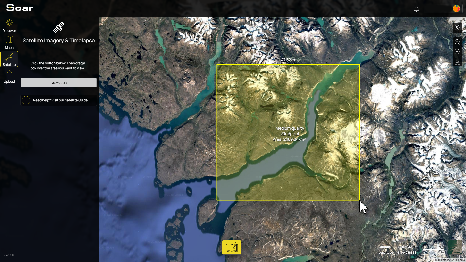 A screenshot of the Soar Atlas interface showing a box being dragged out over an area in Canada.