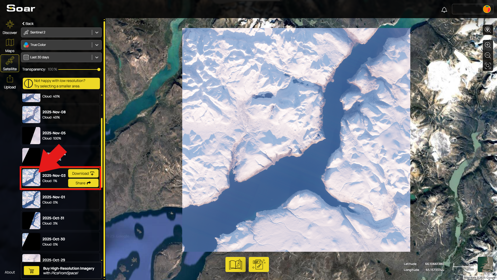 A screenshot of the Soar Atlas interface showing a satellite capture with snow on November 3rd.