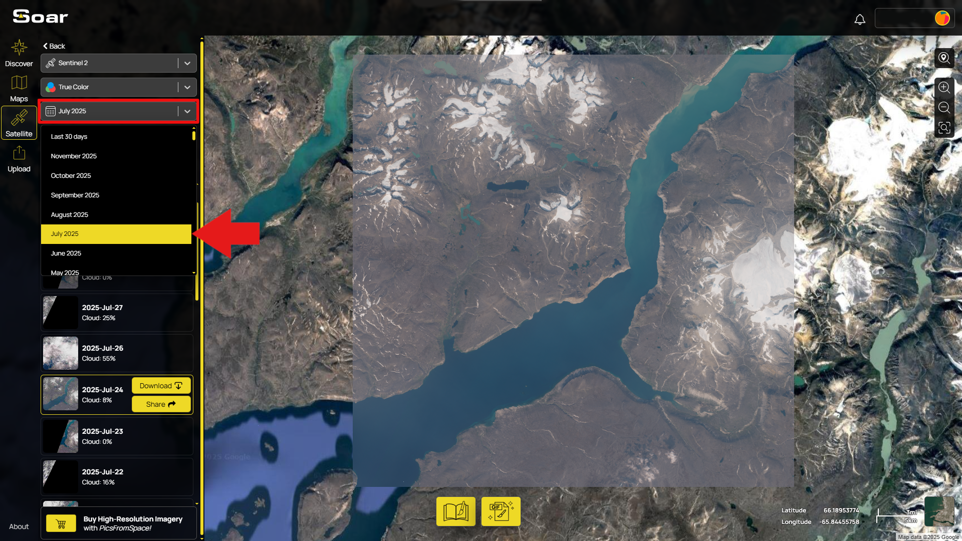 A screenshot of the Soar Atlas interface showing the same area in an earlier date, with less snow.