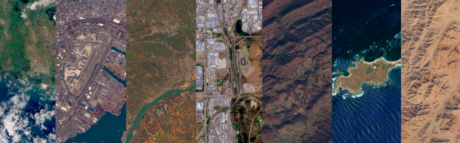 A collage of satellite imagery over various areas.