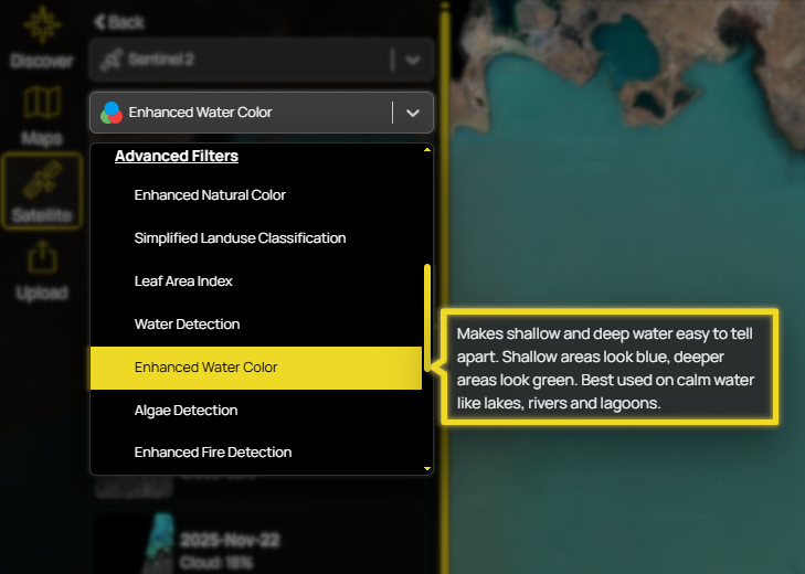 A screenshot of Soar Atlas showing the Satellite Filters dropdown with a description next to the Enhanced Water Color filter.