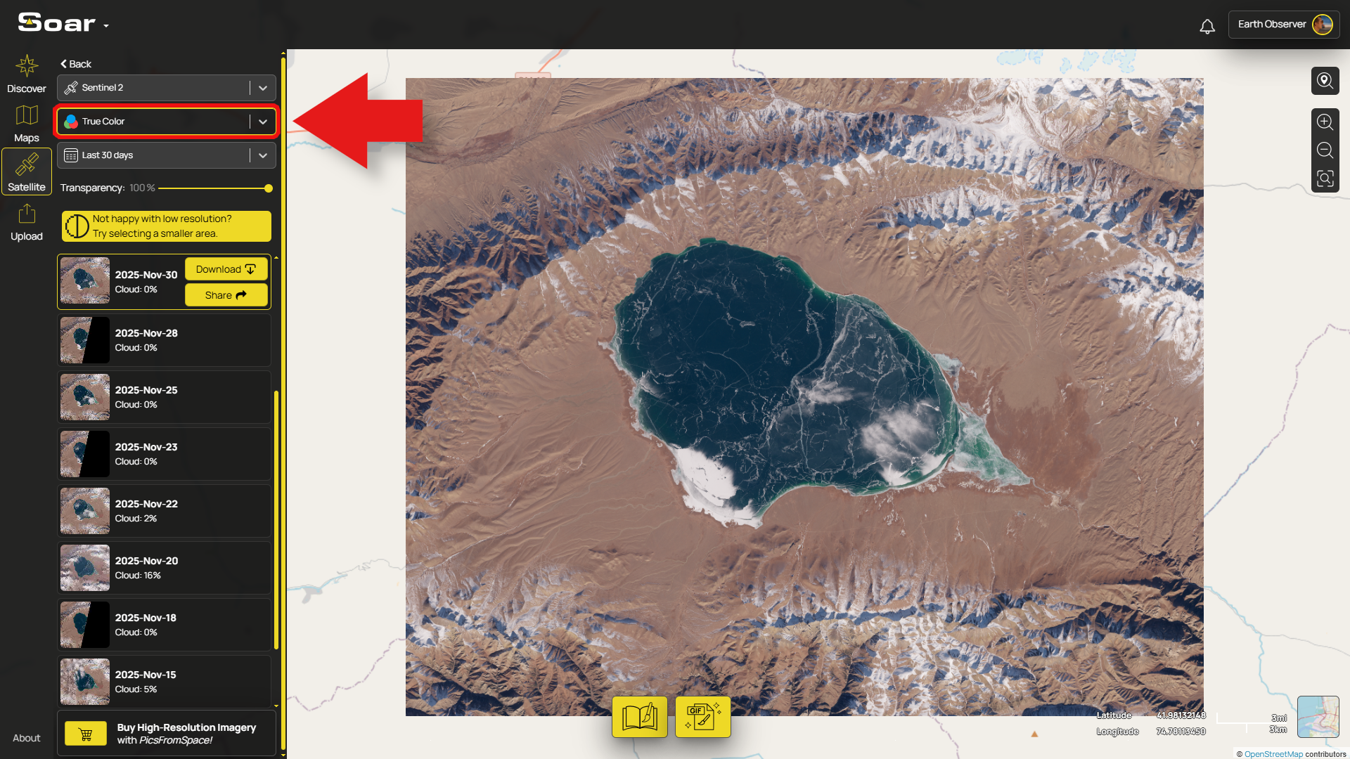 A screenshot of Soar Atlas pointing to the Filters dropdown on the Satellite tab.
