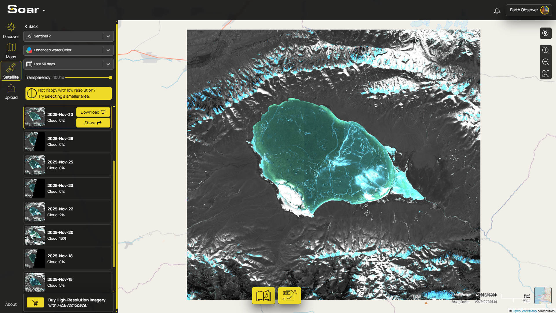 A screenshot of Soar Atlas, showing how the Enhanced Water Color filter changes the image.