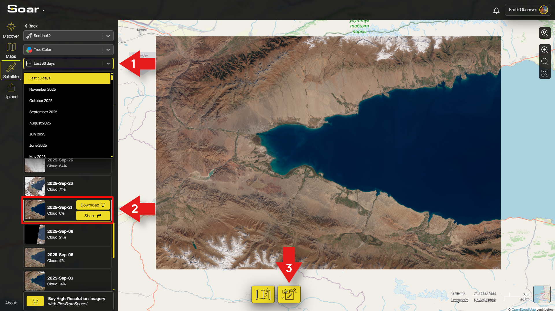 An image of the date range, the capture itself, and the Make GIF button 