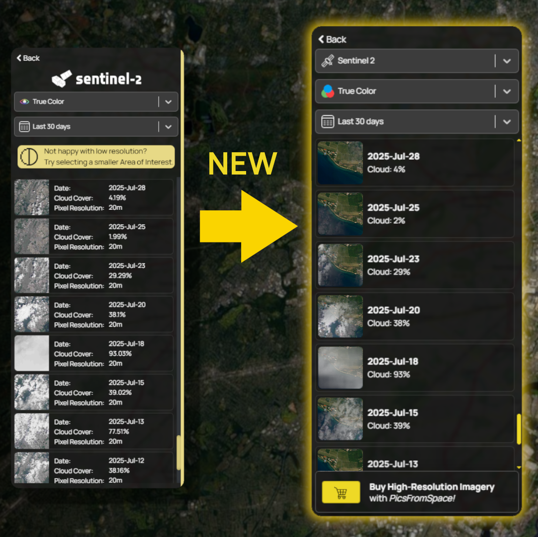 A screenshot comparing the old satellite window to the new one.
